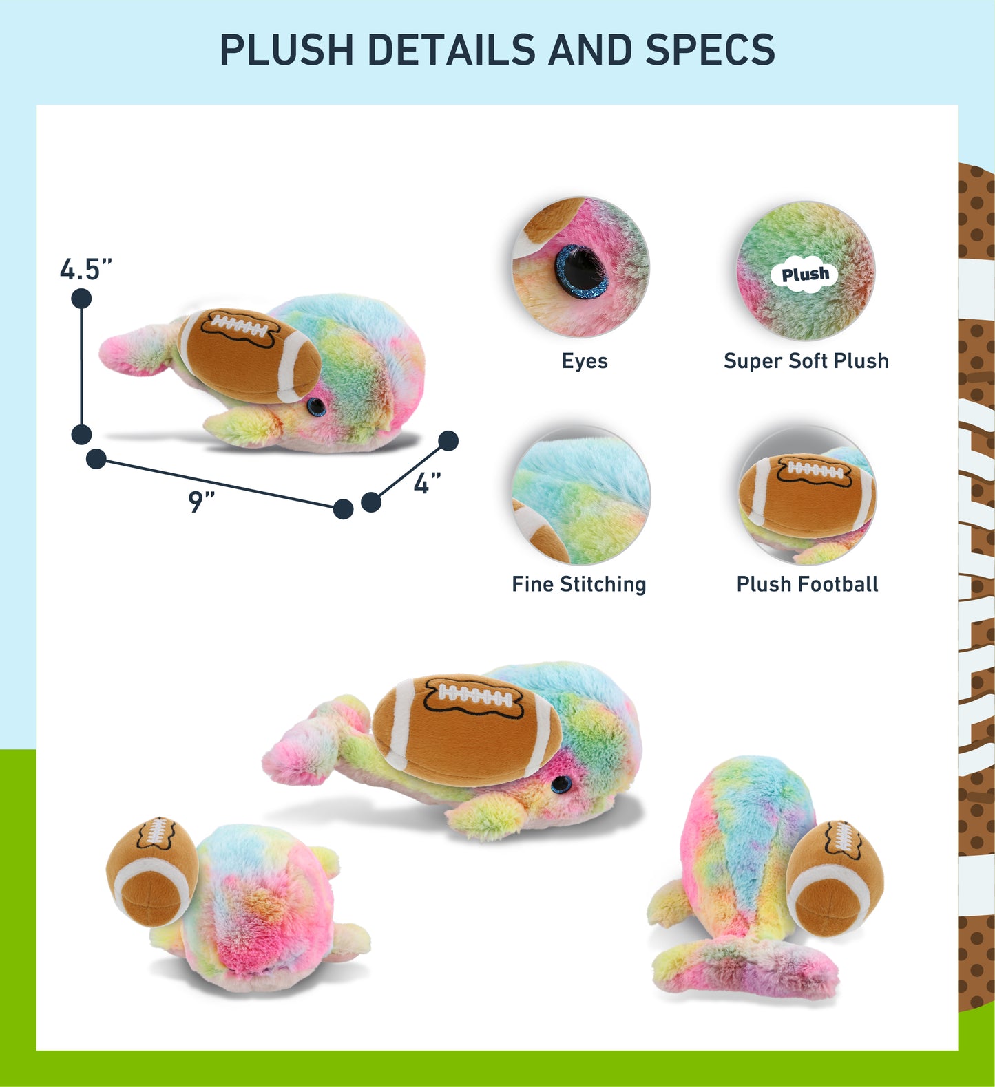 SUPER-SOFT PLUSH - RAINBOW WHALE LARGE 9" WITH FOOTBALL PLUSH
