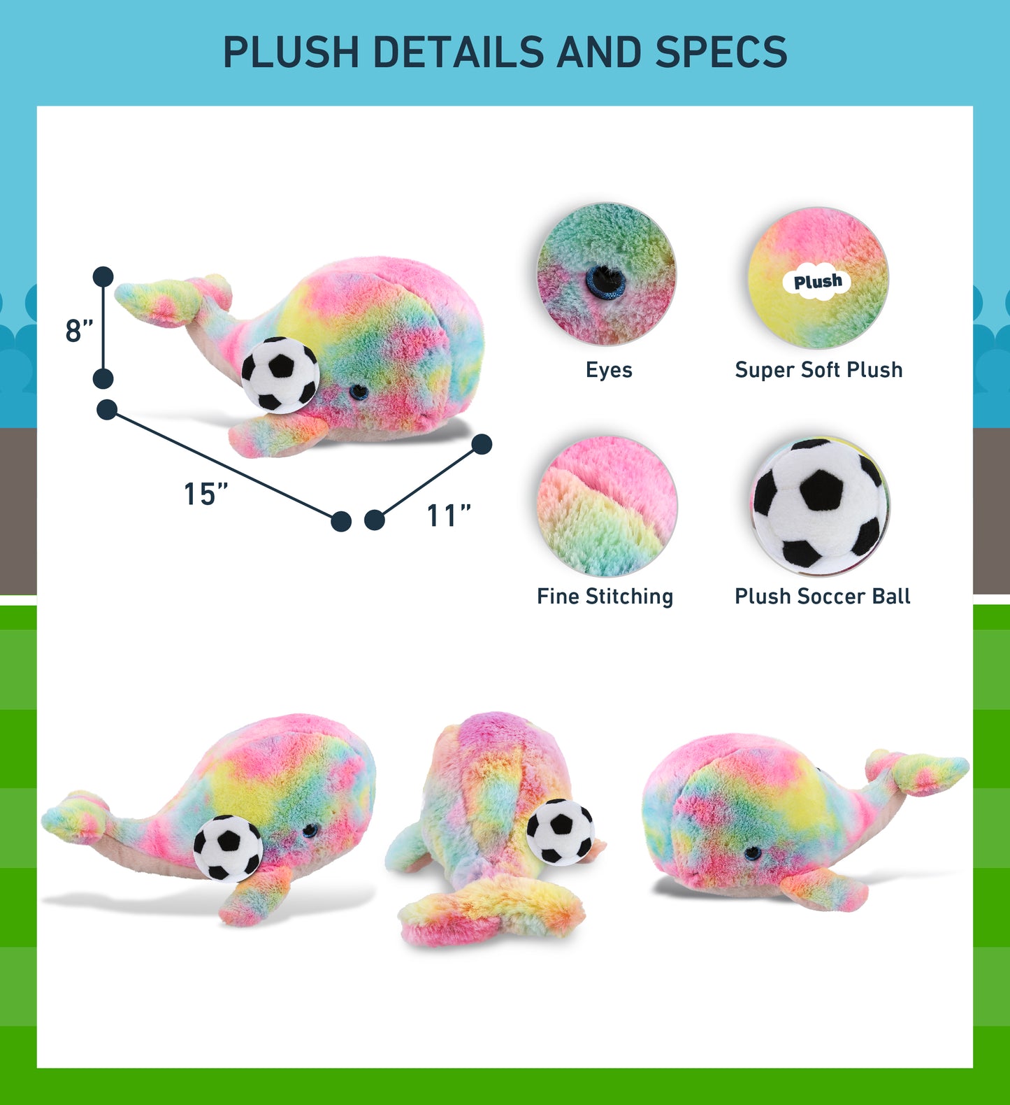SUPER-SOFT PLUSH - RAINBOW WHALE XL 15" WITH SOCCER PLUSH