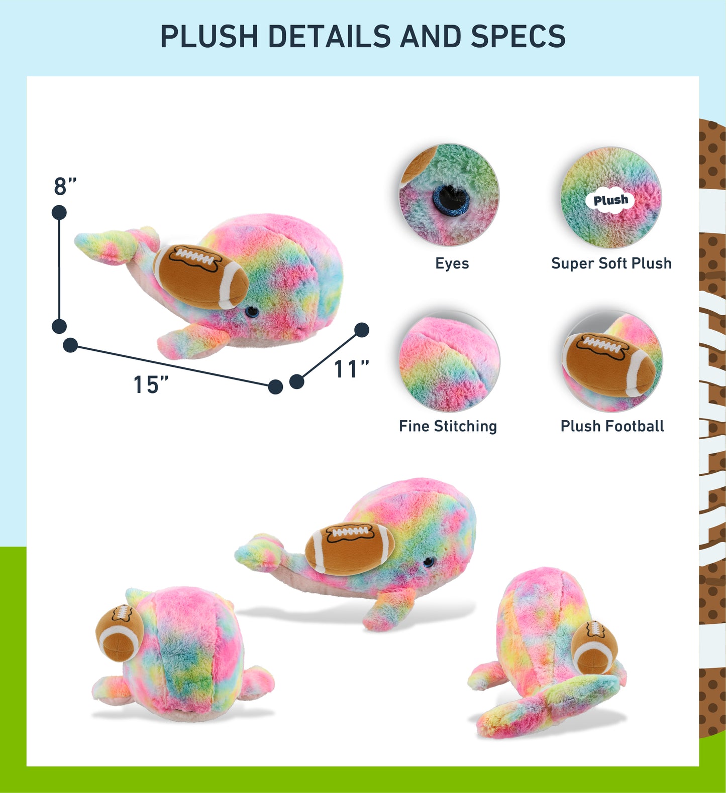 SUPER-SOFT PLUSH - RAINBOW WHALE XL 15" WITH FOOTBALL PLUSH