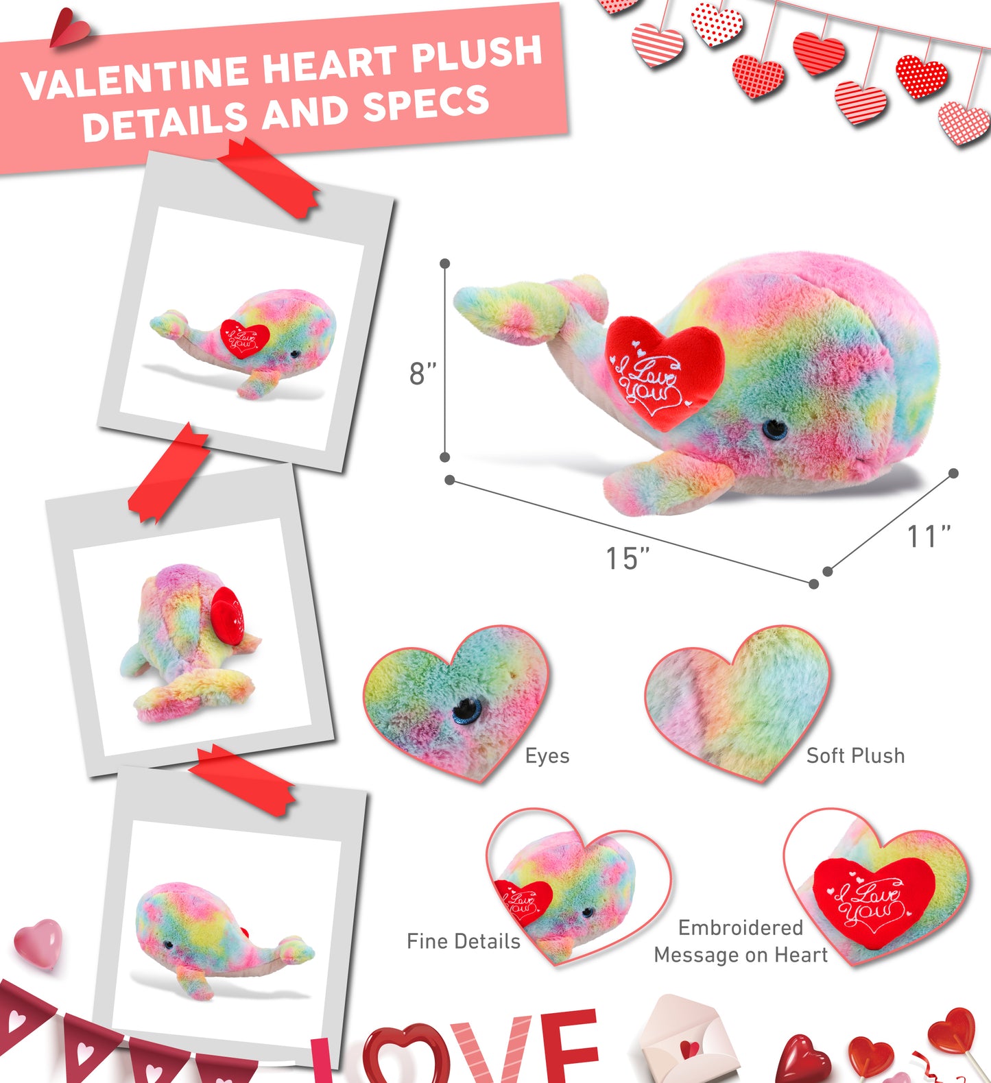PLUSH I LOVE YOU RED HEART - SUPER-SOFT PLUSH - RAINBOW WHALE XL 15"