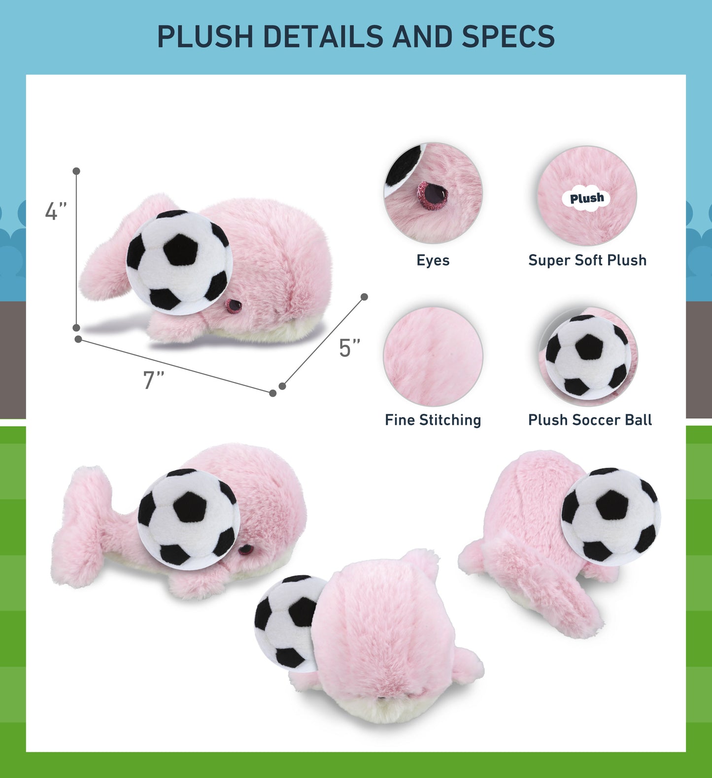 SUPER-SOFT PLUSH - PINK WHALE SMALL 7" WITH SOCCER PLUSH