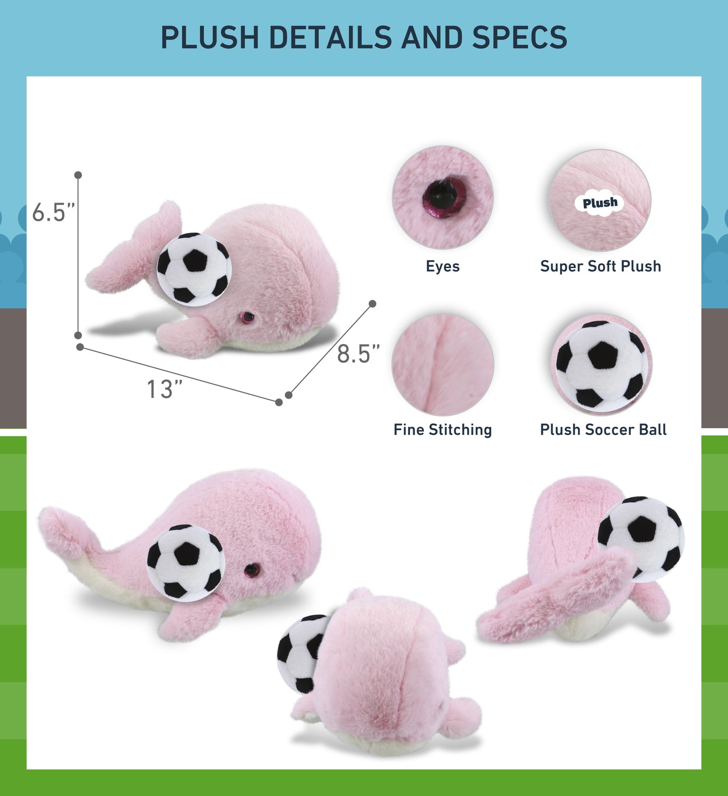 SUPER-SOFT PLUSH - PINK WHALE LARGE 13" WITH SOCCER PLUSH