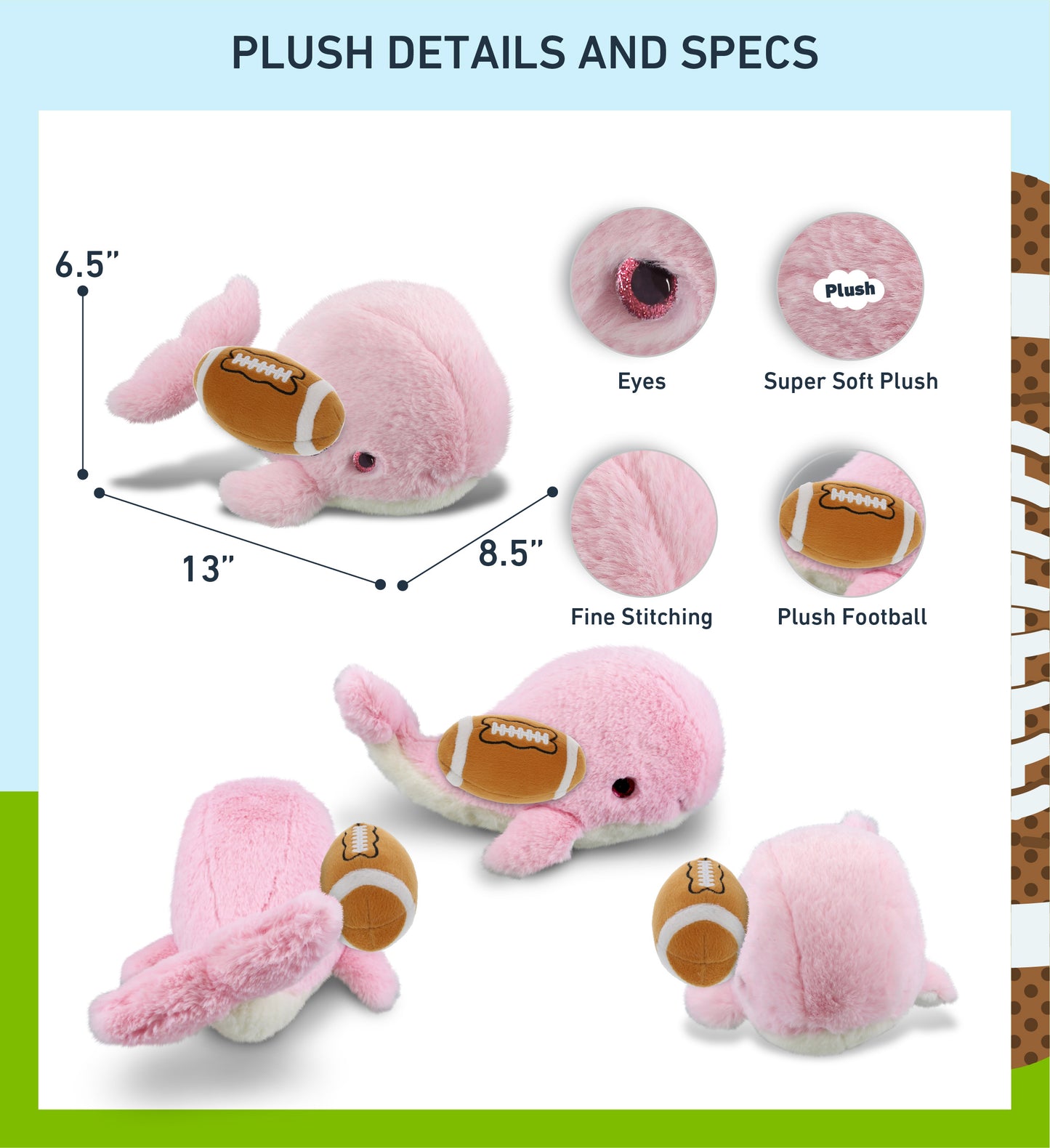 SUPER-SOFT PLUSH - PINK WHALE LARGE 13" WITH FOOTBALL PLUSH