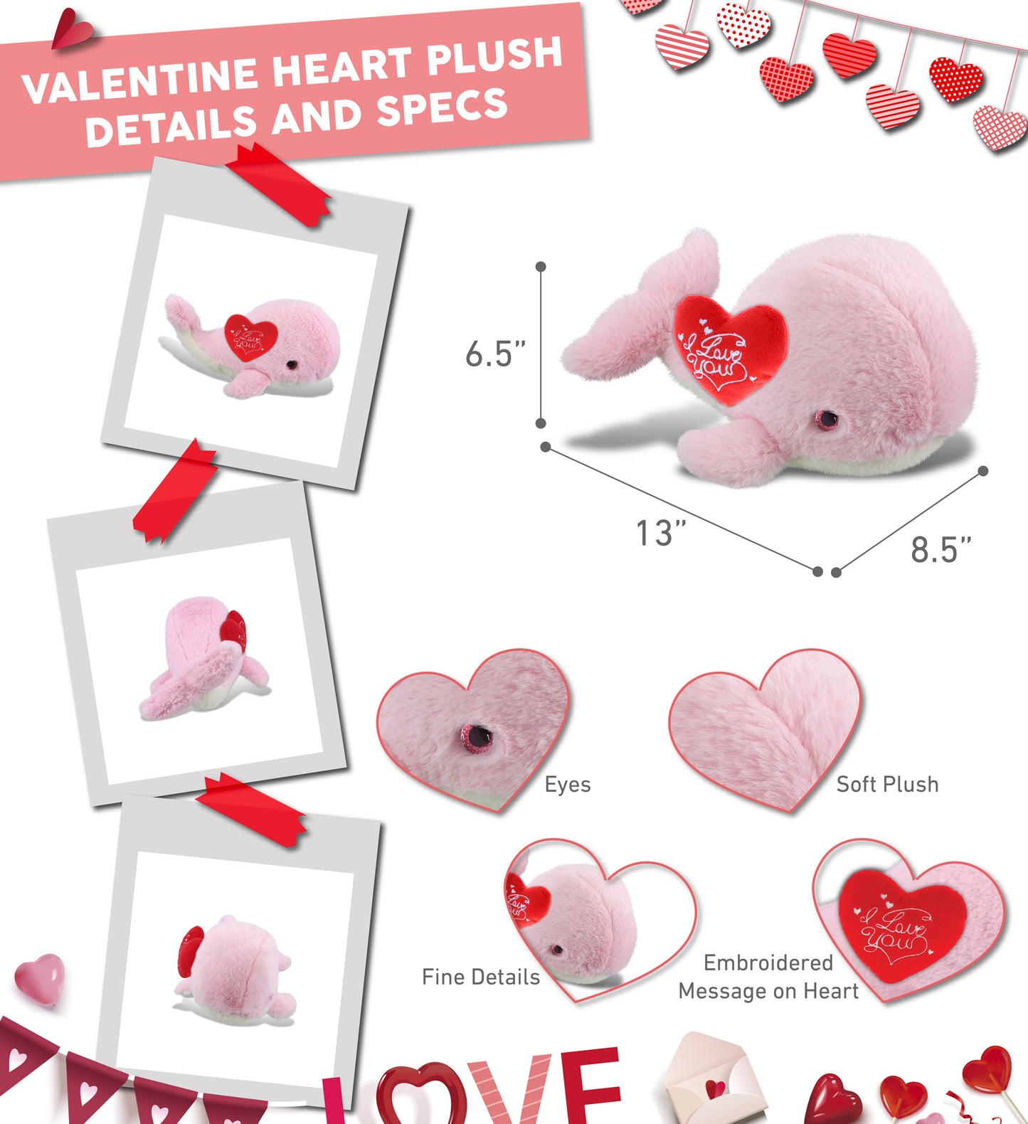 PLUSH I LOVE YOU RED HEART - SUPER-SOFT PLUSH - PINK WHALE LARGE 13"