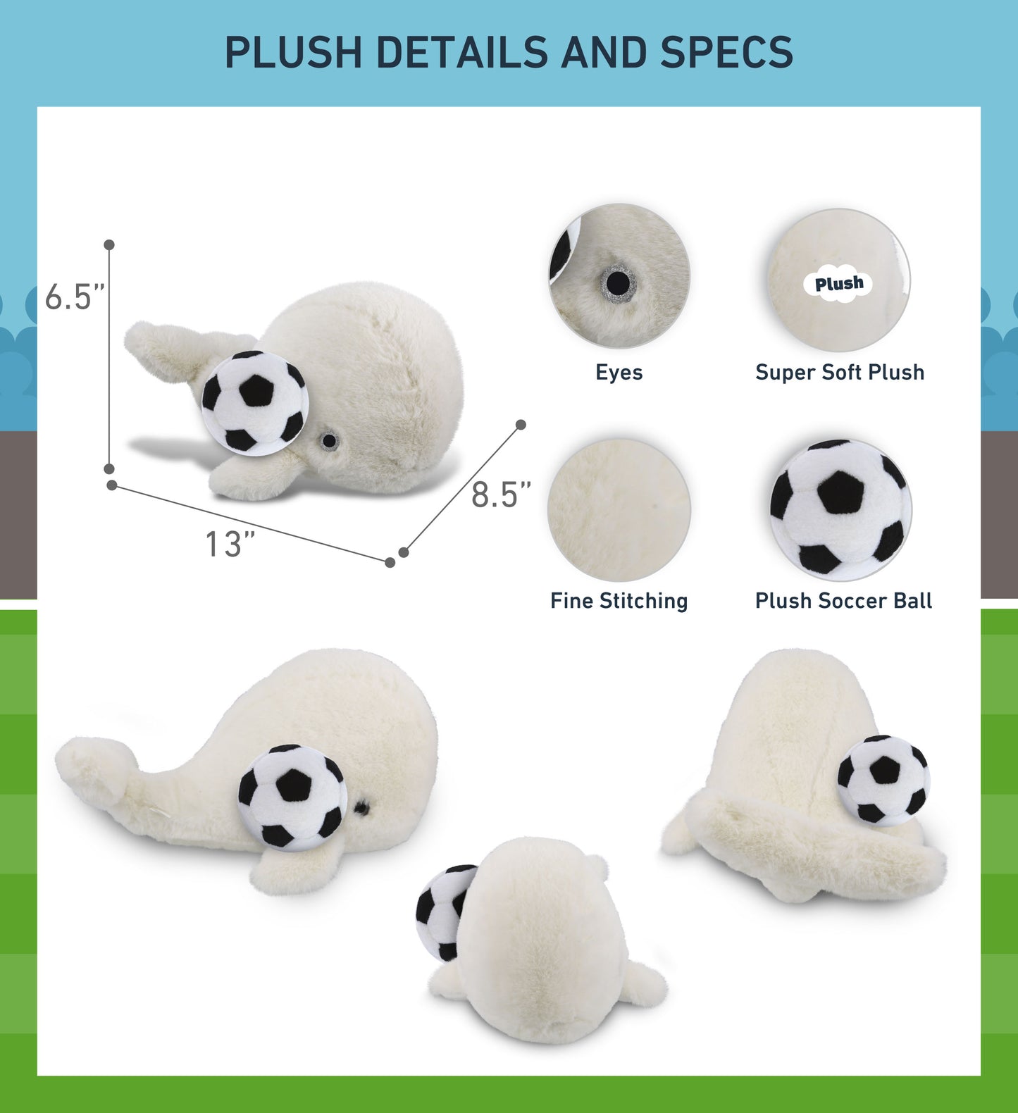 SUPER-SOFT PLUSH - WHITE WHALE LARGE 13" WITH SOCCER PLUSH