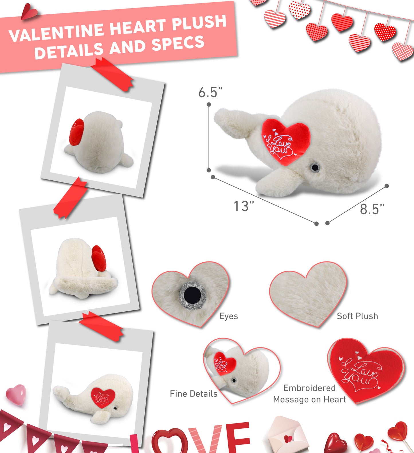 PLUSH I LOVE YOU RED HEART - SUPER-SOFT PLUSH - WHITE WHALE LARGE 13"