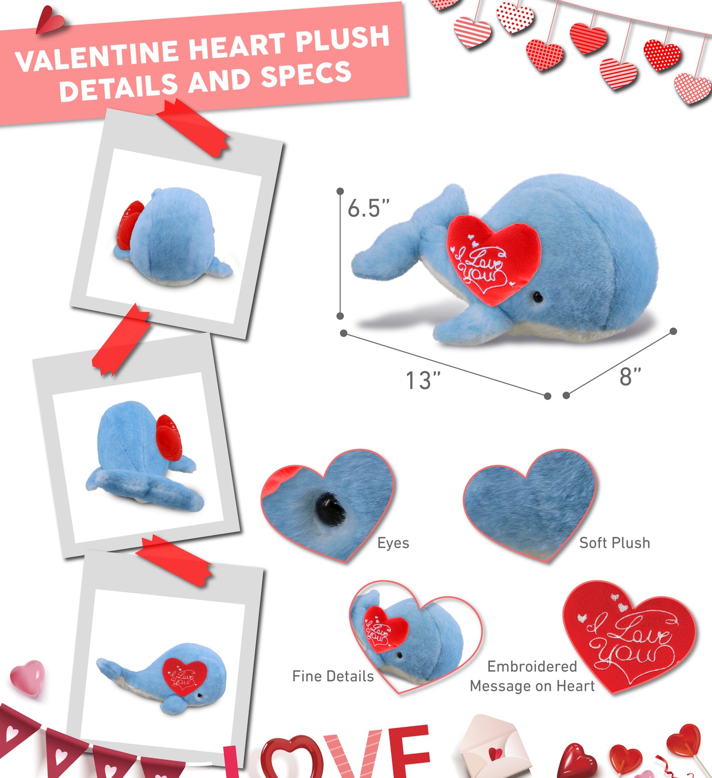 PLUSH I LOVE YOU RED HEART - SUPER-SOFT PLUSH - BLUE WHALE LARGE 13"
