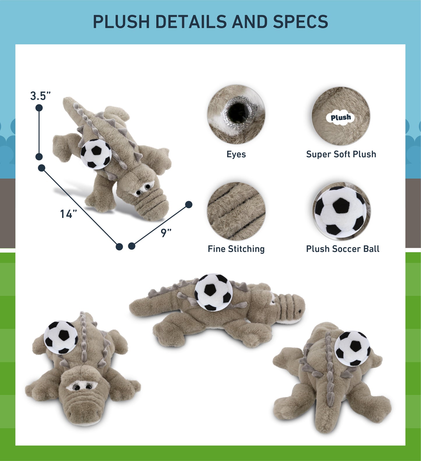 SUPER-SOFT PLUSH - GREY ALLIGATOR SMALL 14" WITH SOCCER PLUSH