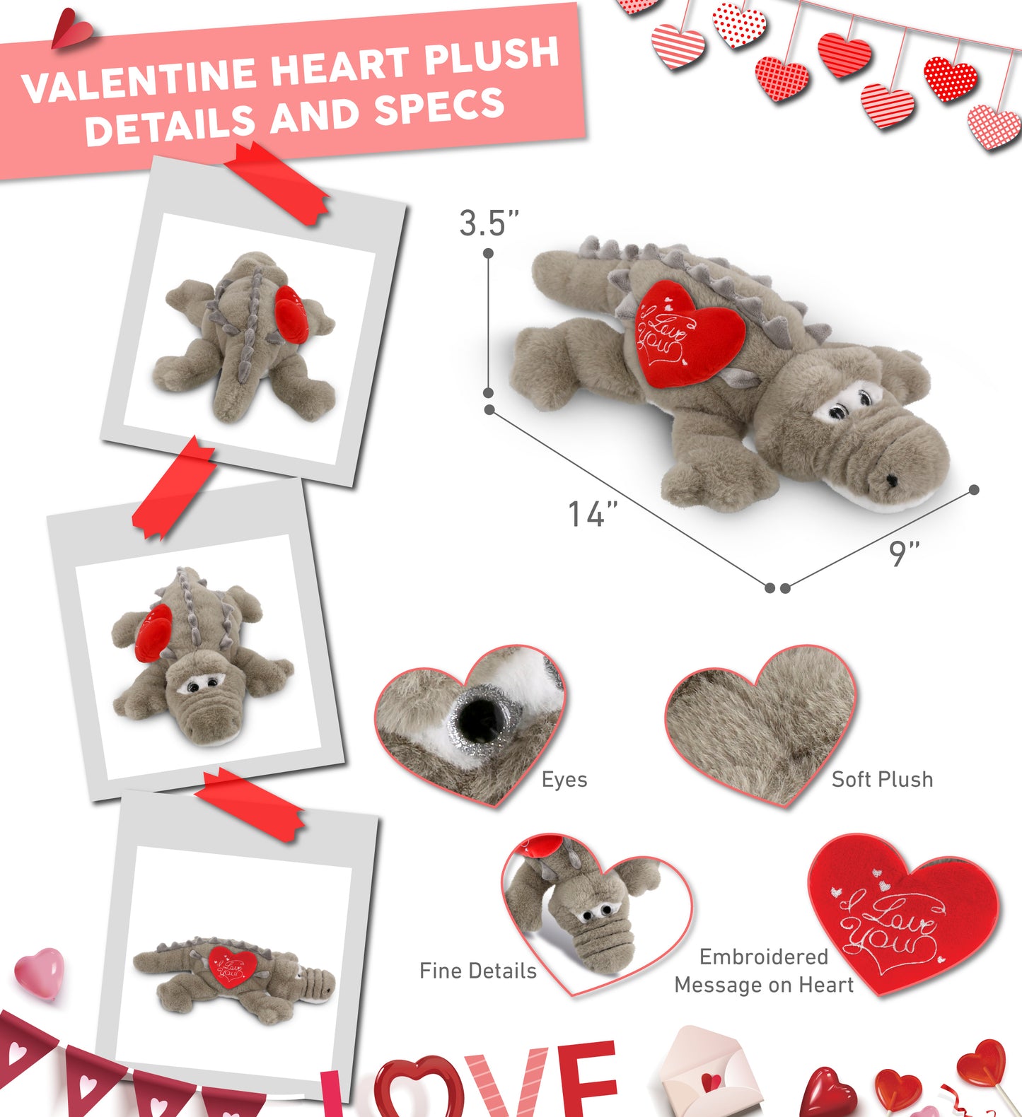 PLUSH I LOVE YOU RED HEART - SUPER-SOFT PLUSH - GREY ALLIGATOR SMALL 14"