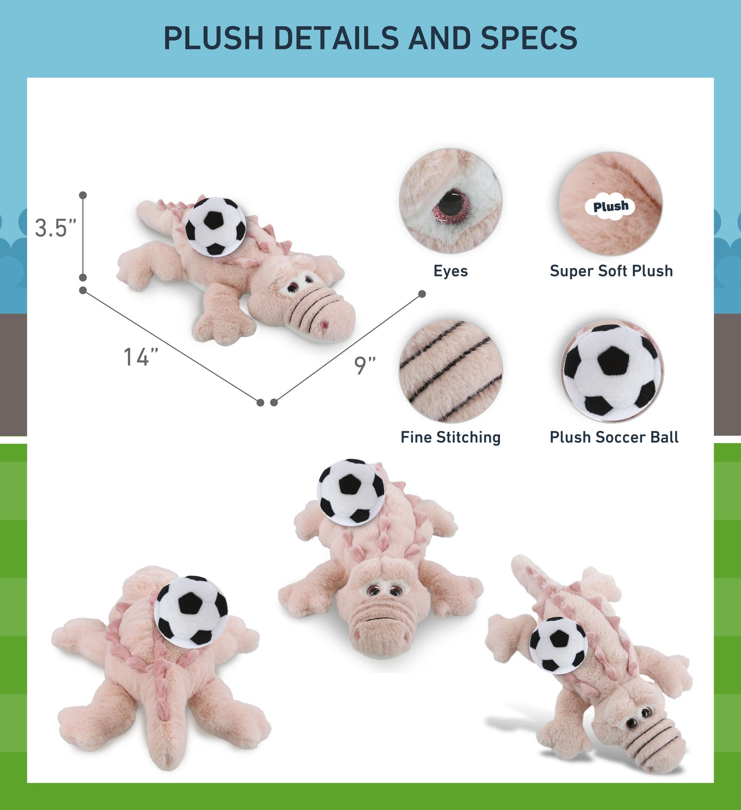 SUPER-SOFT PLUSH - PINK ALLIGATOR SMALL 14" WITH SOCCER PLUSH
