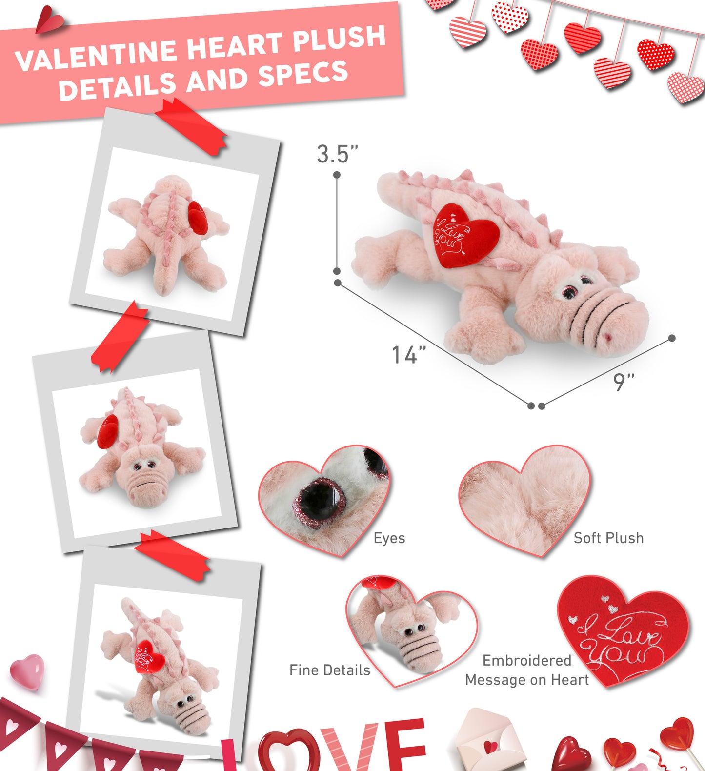 PLUSH I LOVE YOU RED HEART - SUPER-SOFT PLUSH - PINK ALLIGATOR SMALL 14"