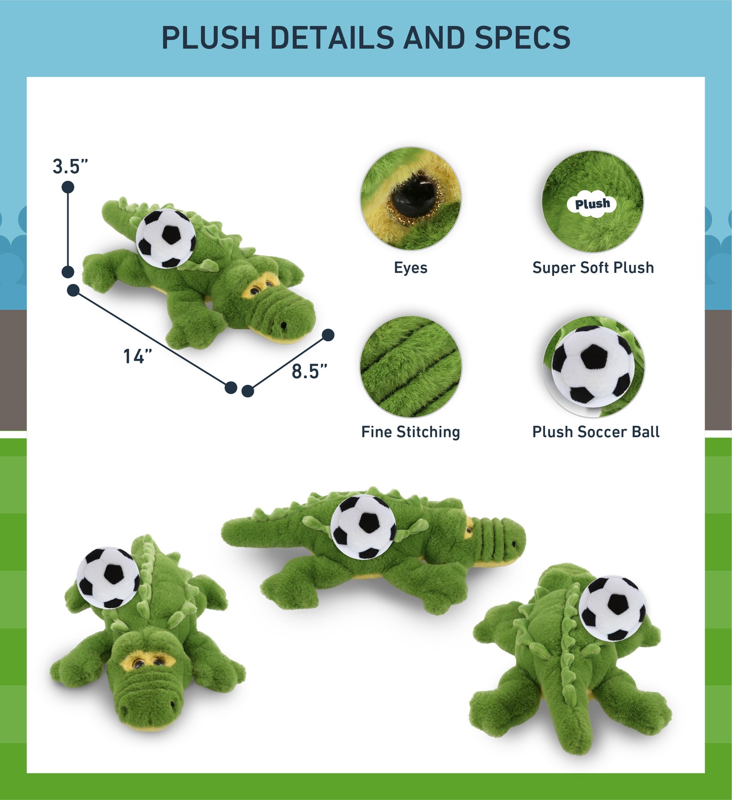 SUPER-SOFT PLUSH - GREEN ALLIGATOR SMALL 14" WITH SOCCER PLUSH