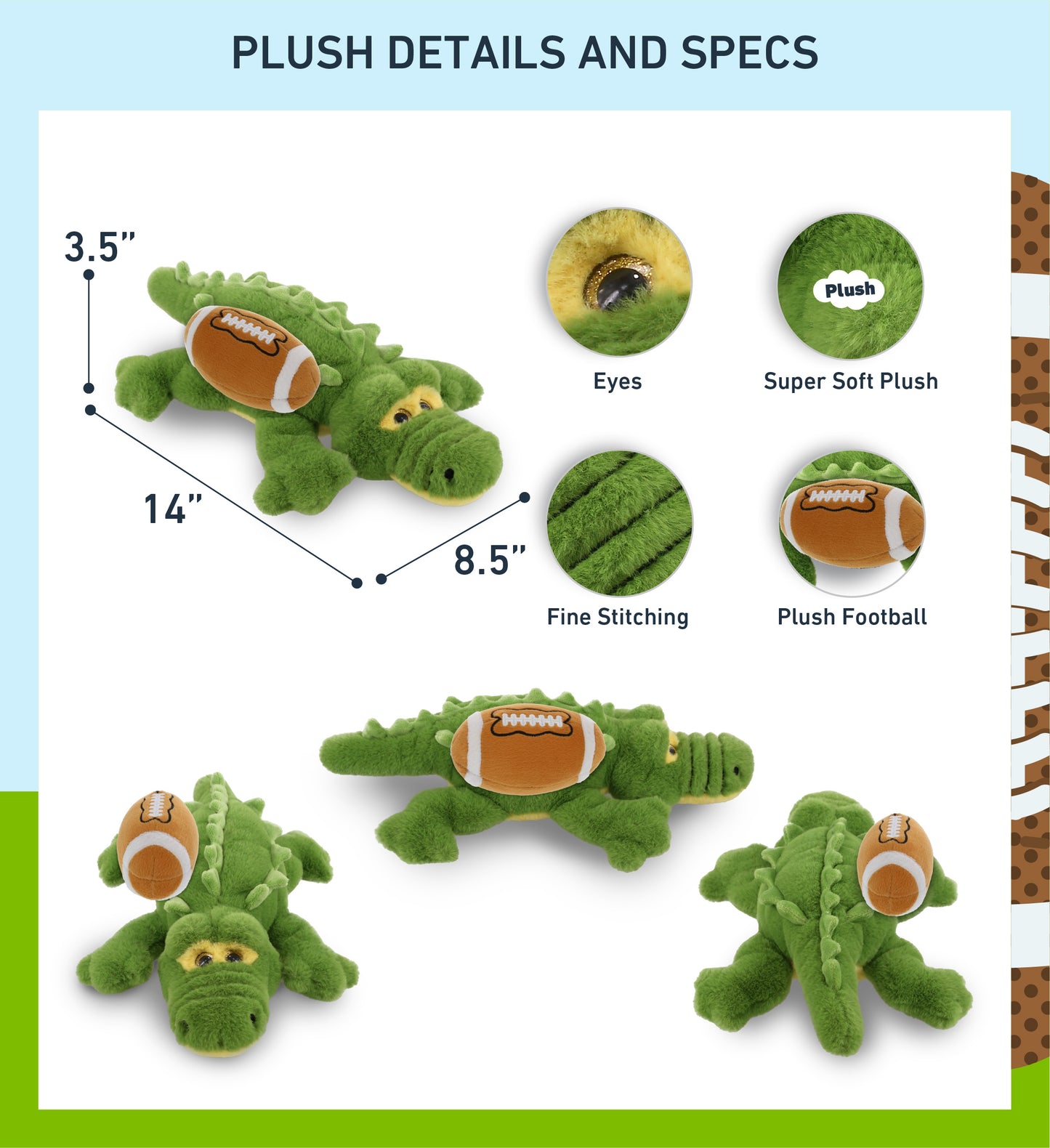 SUPER-SOFT PLUSH - GREEN ALLIGATOR SMALL 14" WITH FOOTBALL PLUSH