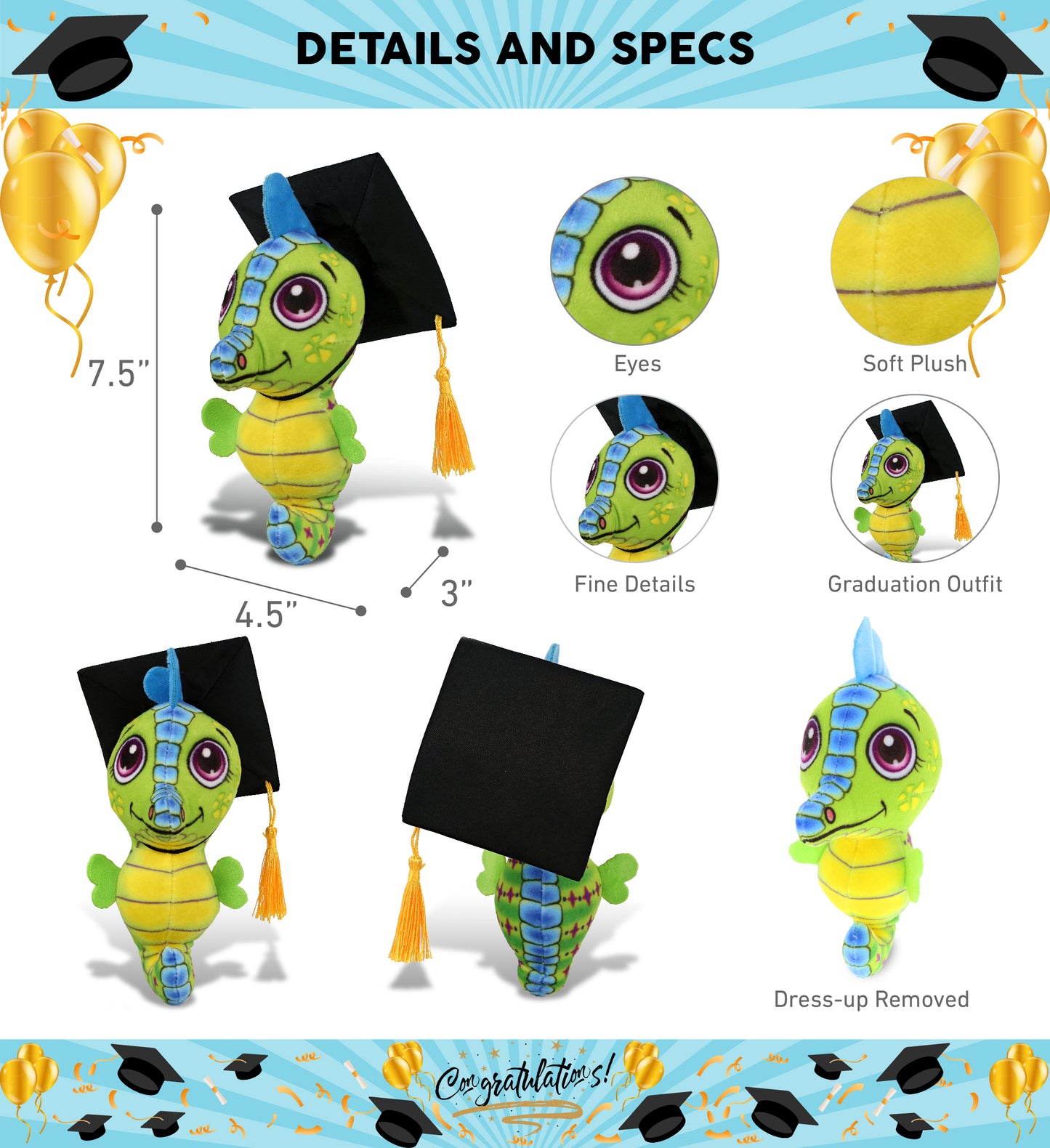 DolliBu Plush Buddies Seahorse Graduation Toy with Cap with Tassel - 7.5 Inches