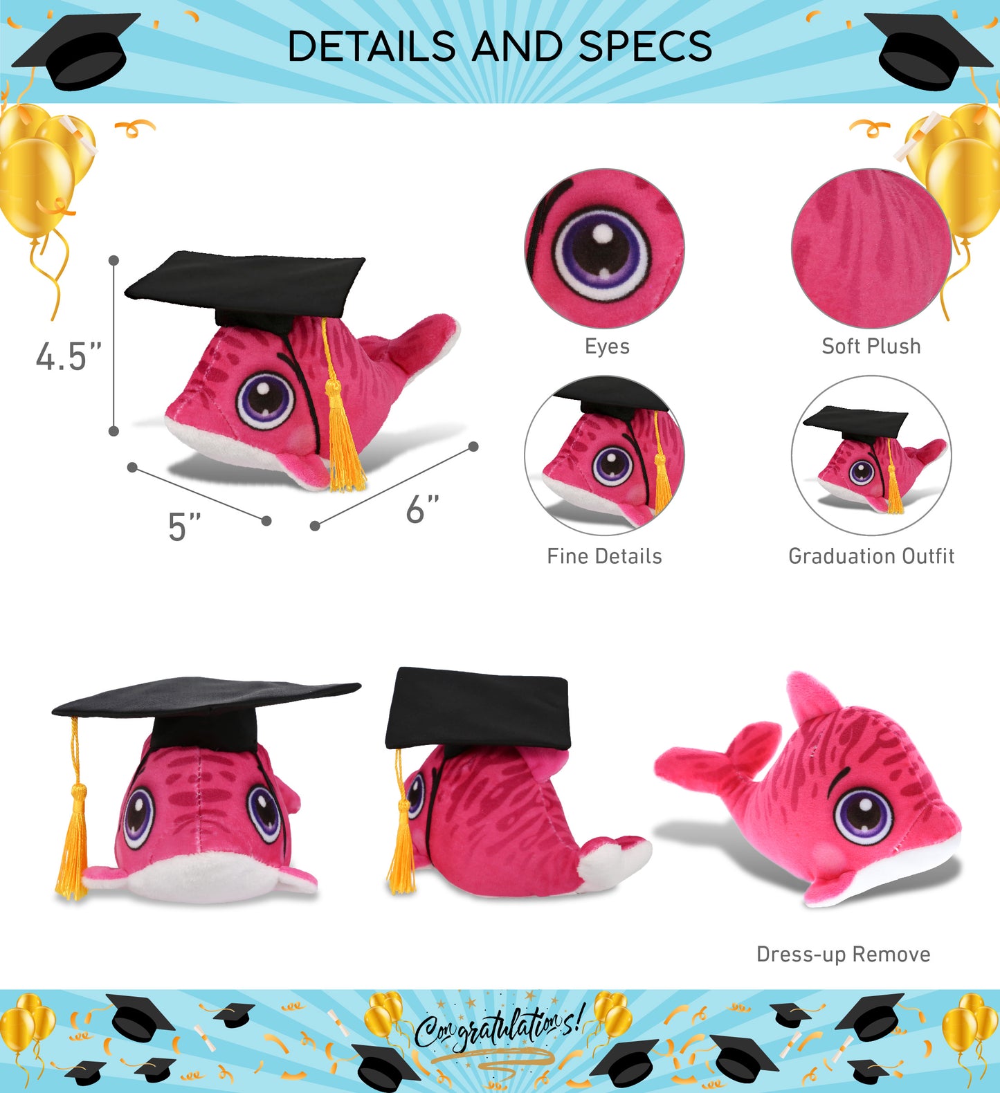 DolliBu Plush Buddies Dolphin Graduation Toy with Cap with Tassel - 6 Inches