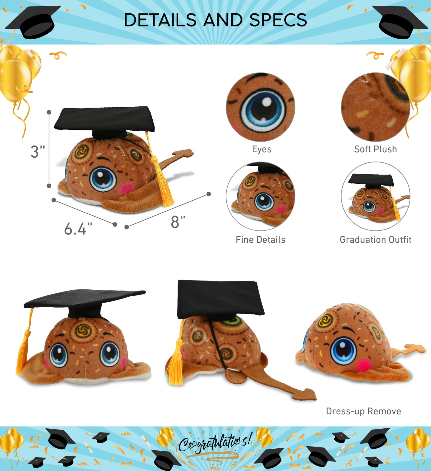 DolliBu Plush Buddies Stingray Graduation Toy with Cap with Tassel - 8 Inches