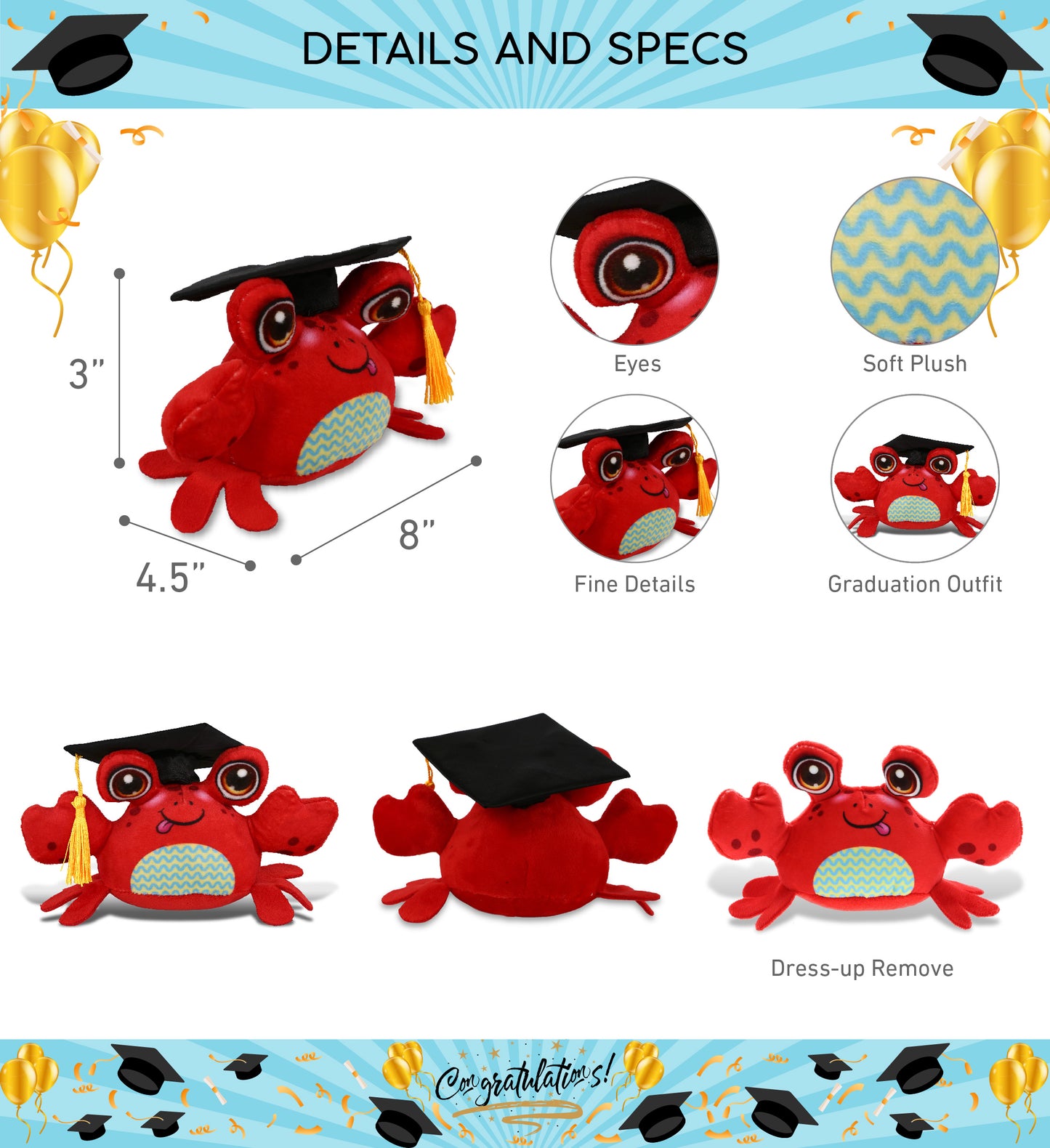 DolliBu Plush Buddies Crab Graduation Plush Toy with Cap with Tassel - 8 Inches