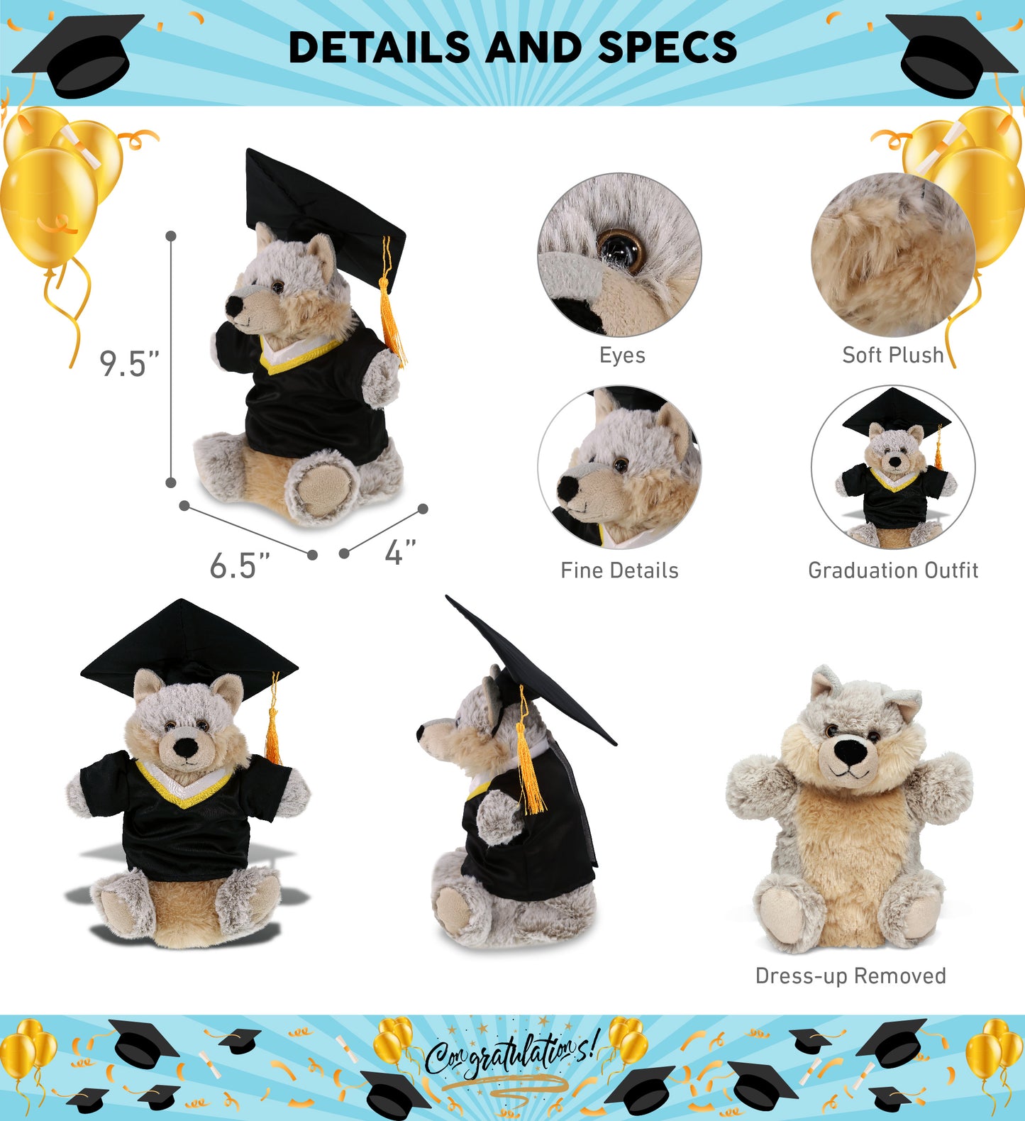 DolliBu Wolf Graduation Plush Toy Hand Puppet with Gown and Cap - 9.5 Inches