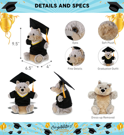 DolliBu Wolf Graduation Plush Toy Hand Puppet with Gown and Cap - 9.5 Inches