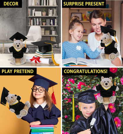DolliBu Wolf Graduation Plush Toy Hand Puppet with Gown and Cap - 9.5 Inches