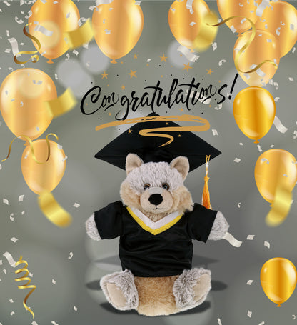 DolliBu Wolf Graduation Plush Toy Hand Puppet with Gown and Cap - 9.5 Inches