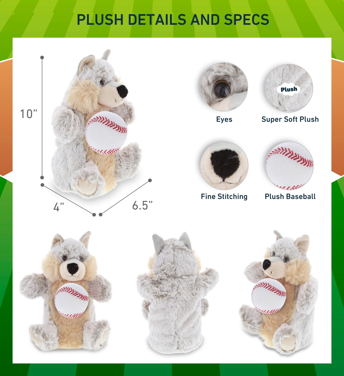 SUPER SOFT PLUSH HAND PUPPET - WOLF WITH BASEBALL PLUSH