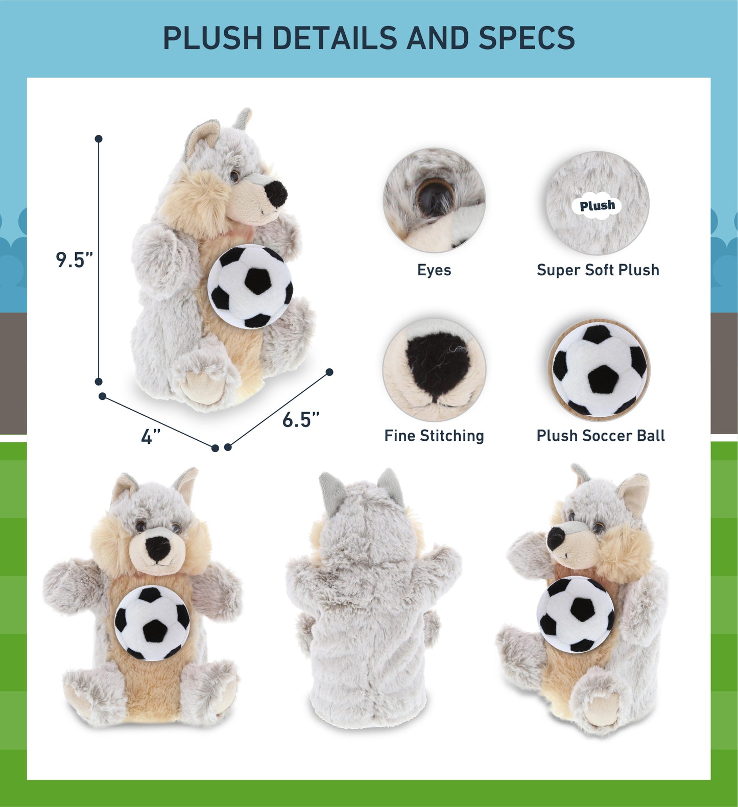SUPER SOFT PLUSH HAND PUPPET - WOLF WITH SOCCER PLUSH