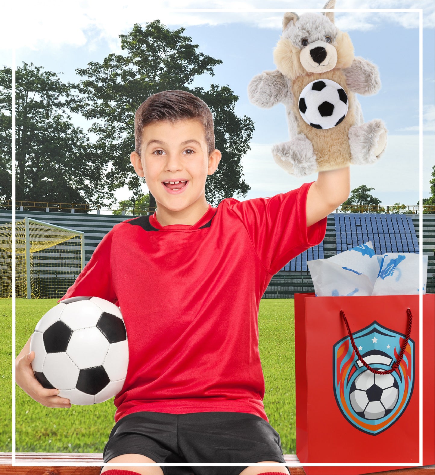 SUPER SOFT PLUSH HAND PUPPET - WOLF WITH SOCCER PLUSH