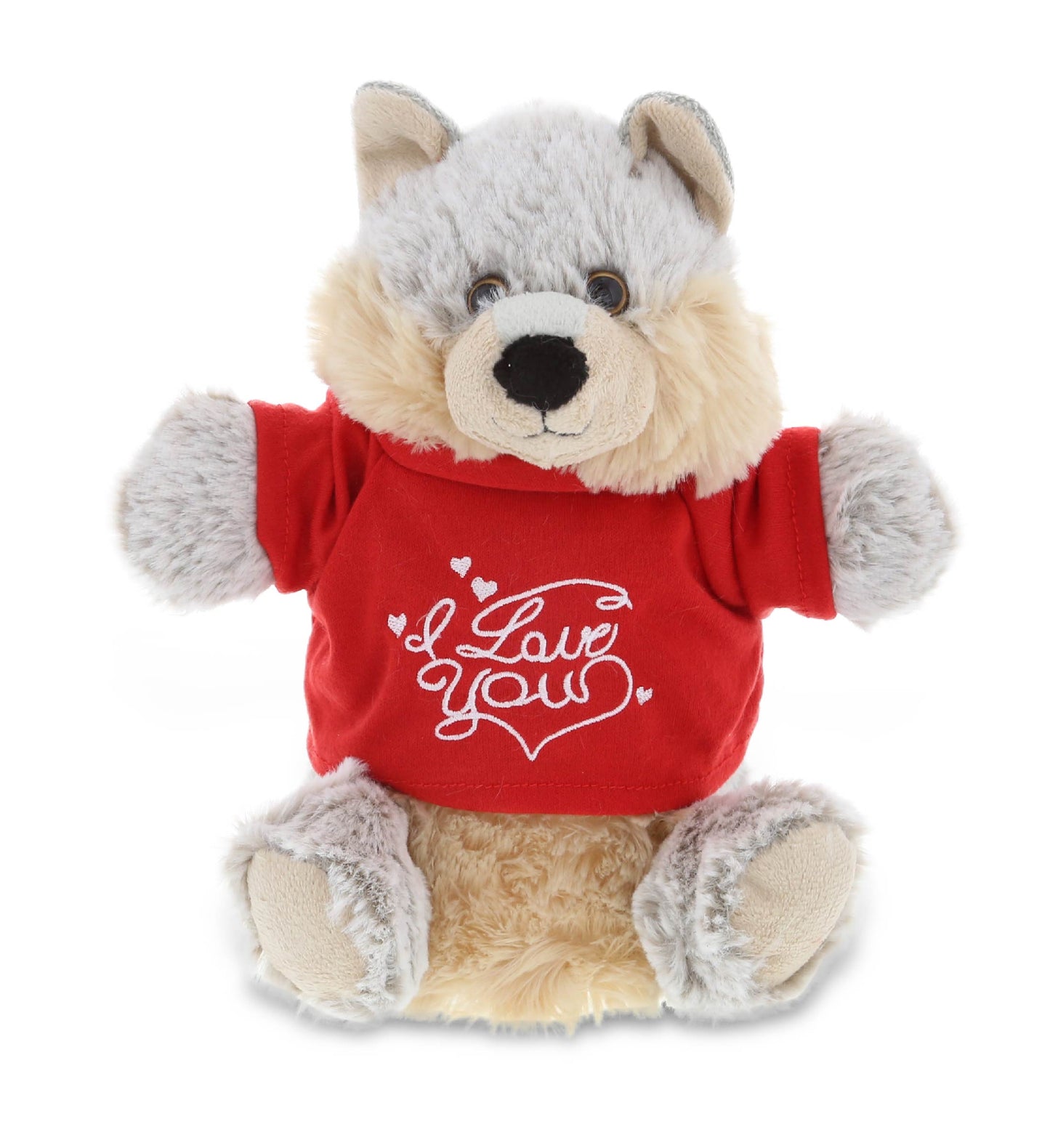 PLUSH I LOVE YOU RED SHIRT- SUPER SOFT PLUSH HAND PUPPET - WOLF