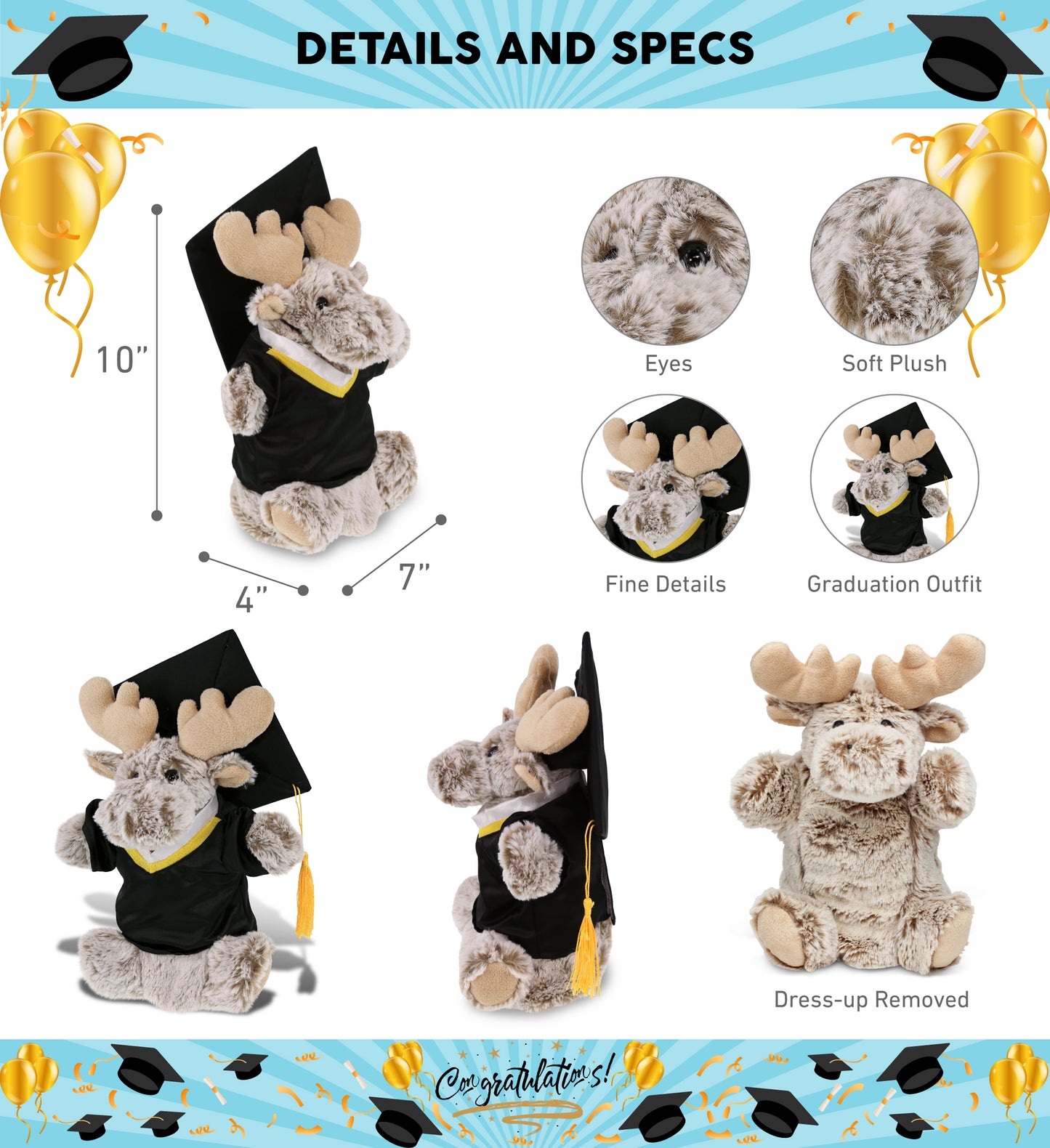 DolliBu Moose Graduation Plush Toy Hand Puppet with Gown and Cap - 10 Inch