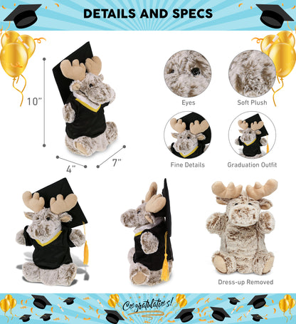 DolliBu Moose Graduation Plush Toy Hand Puppet with Gown and Cap - 10 Inch
