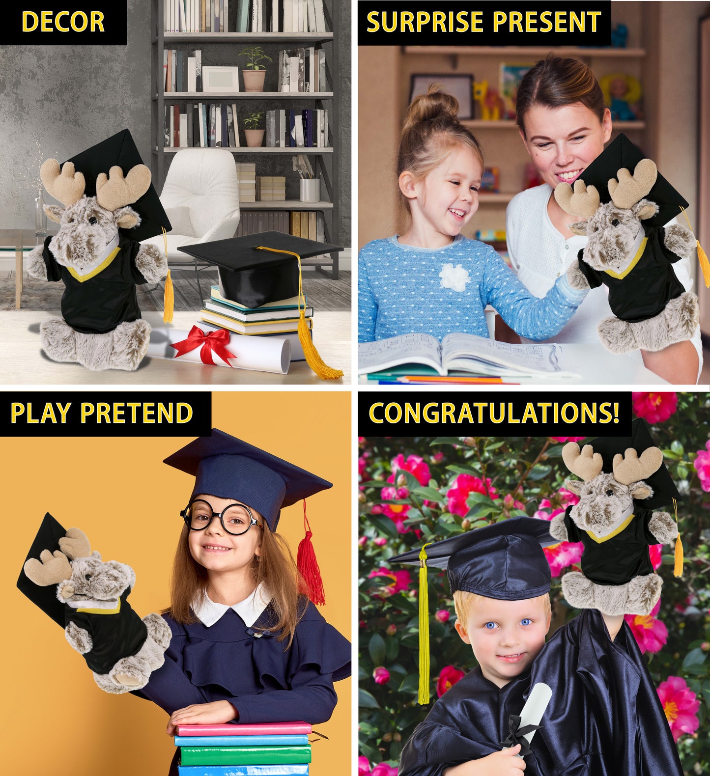 DolliBu Moose Graduation Plush Toy Hand Puppet with Gown and Cap - 10 Inch