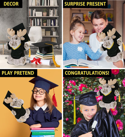 DolliBu Moose Graduation Plush Toy Hand Puppet with Gown and Cap - 10 Inch