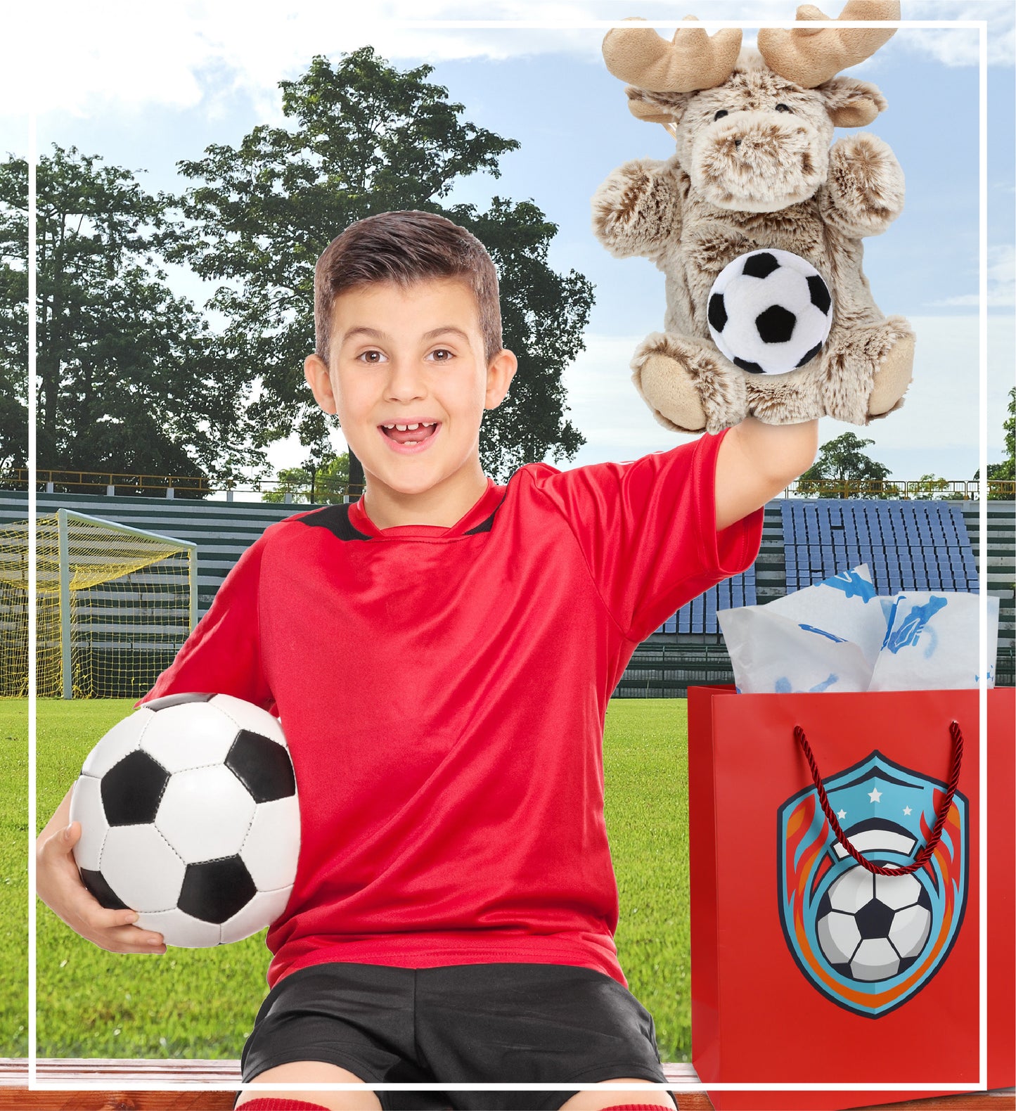 SUPER SOFT PLUSH HAND PUPPET - MOOSE WITH SOCCER PLUSH