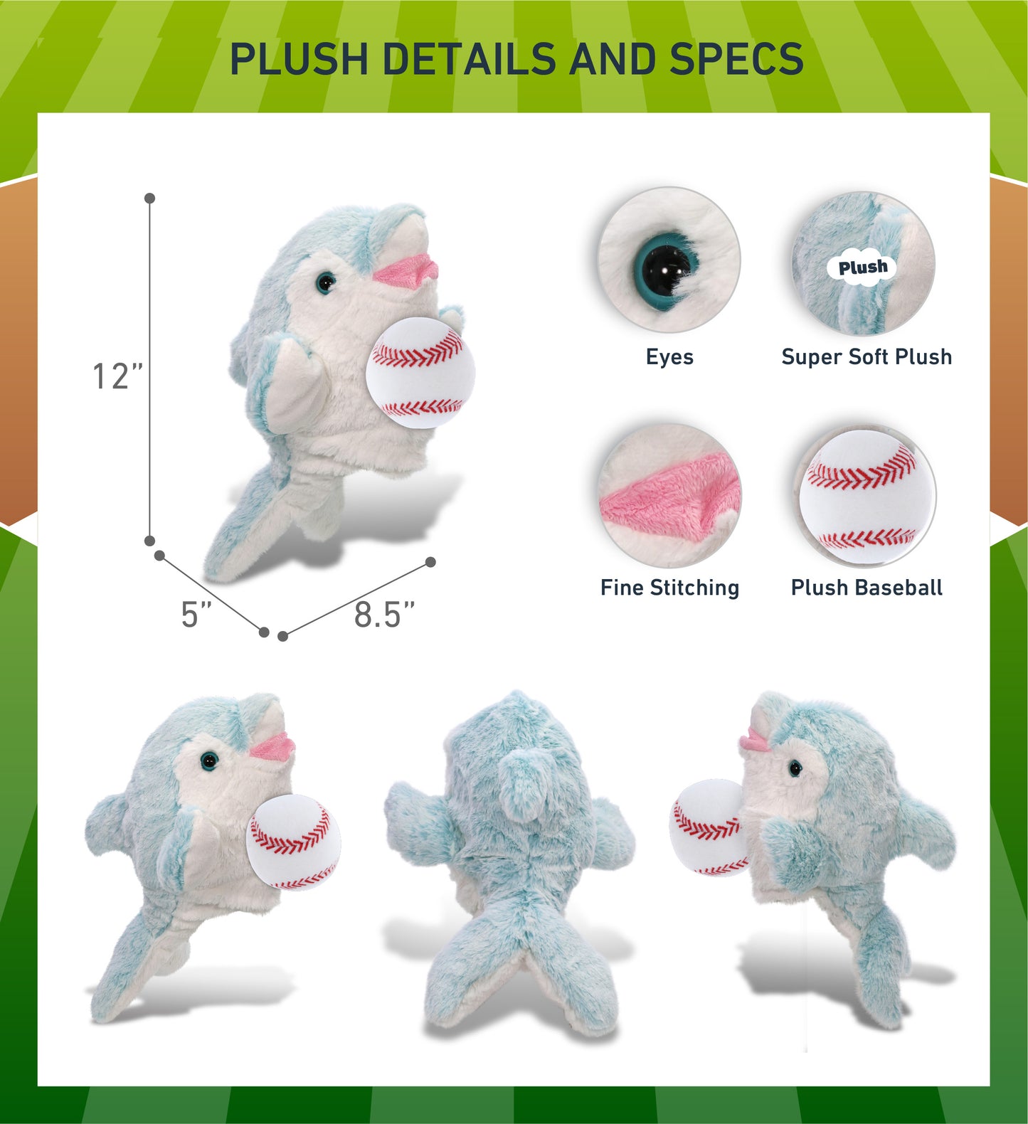 SUPER SOFT PLUSH HAND PUPPET - DOLPHIN WITH BASEBALL PLUSH