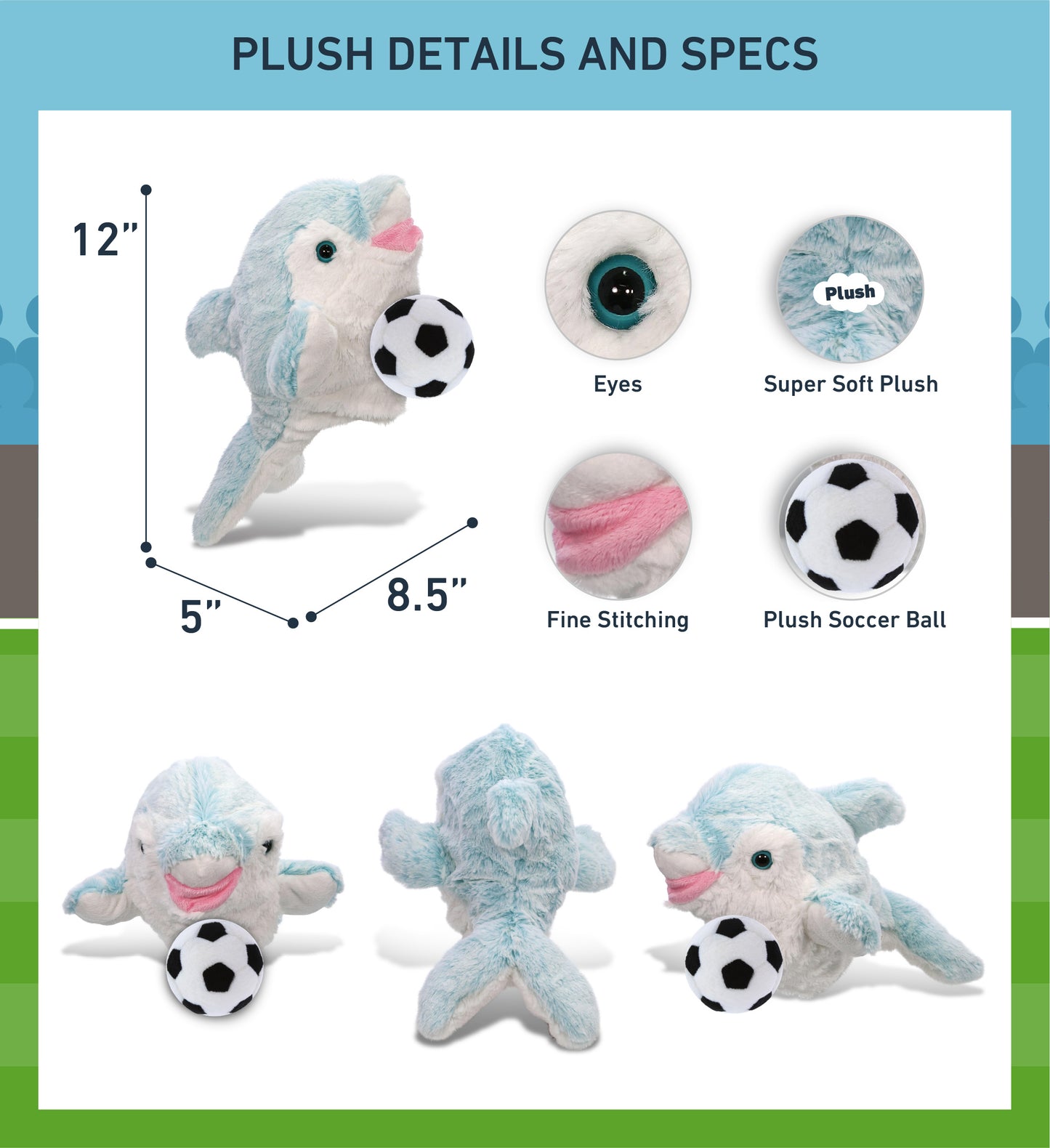 SUPER SOFT PLUSH HAND PUPPET - DOLPHIN WITH SOCCER PLUSH