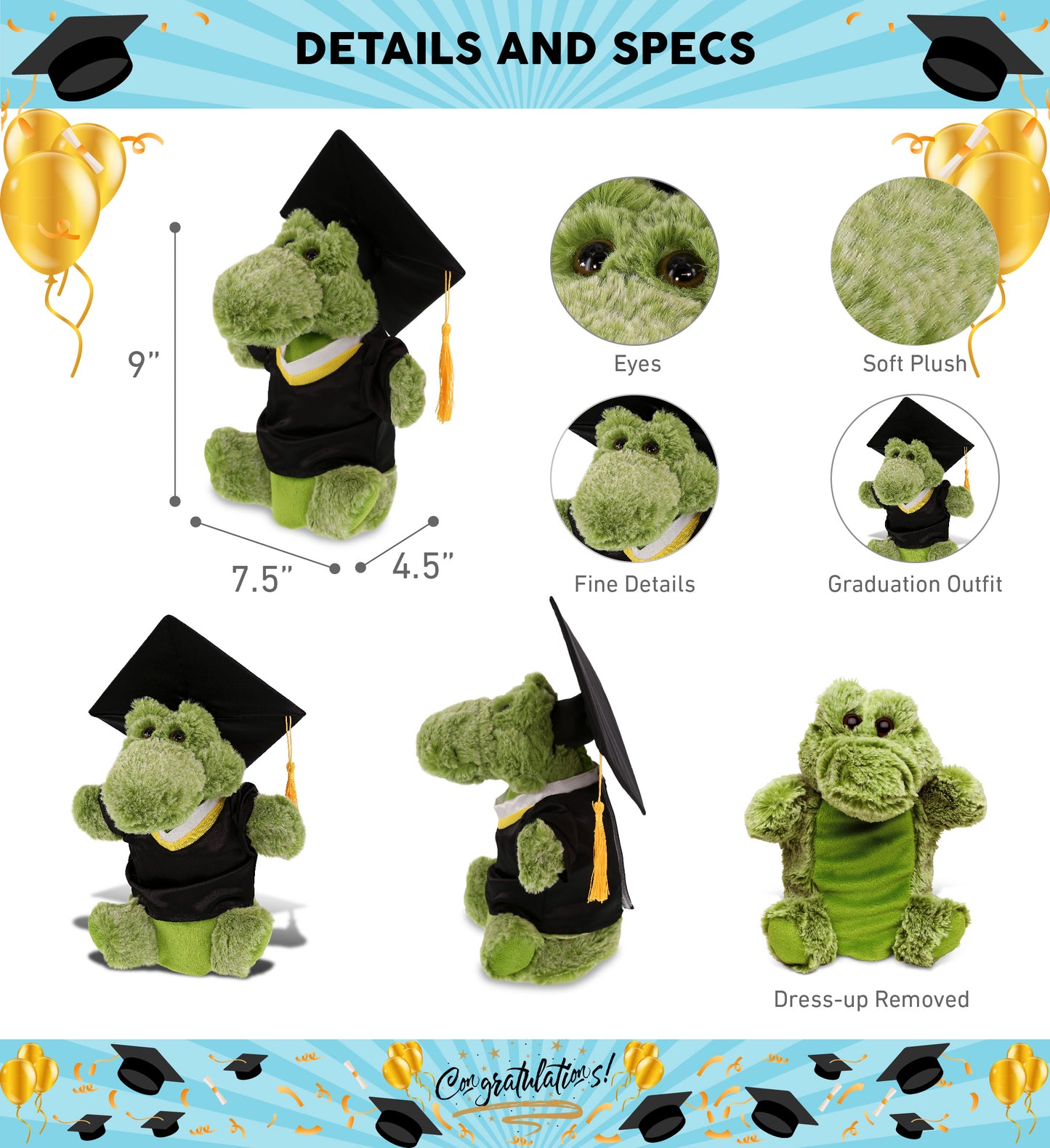 DolliBu Alligator Graduation Plush Toy with Gown and Cap with Tassel - 9 Inches