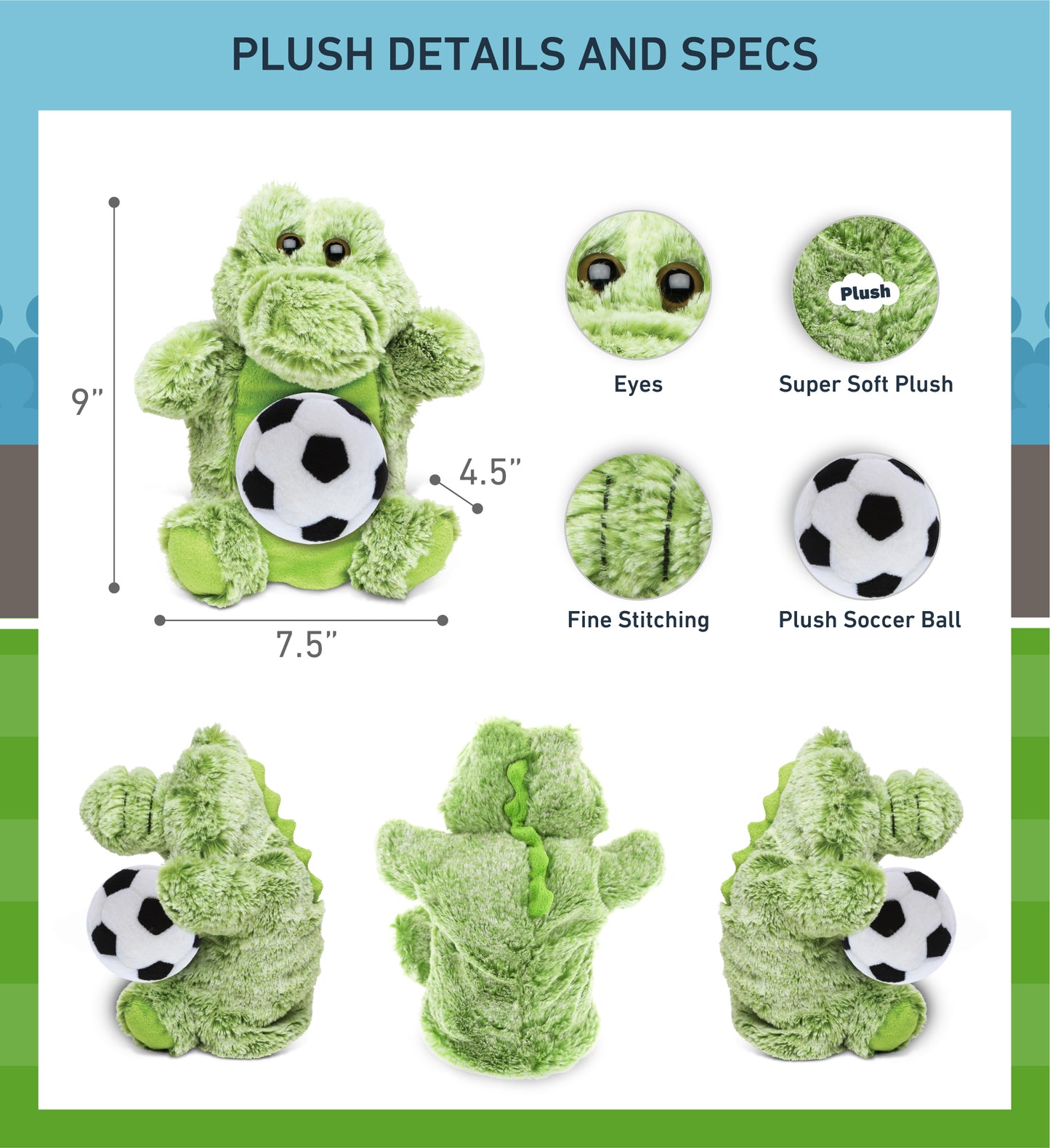 SUPER SOFT PLUSH HAND PUPPET - ALLIGATOR WITH SOCCER PLUSH
