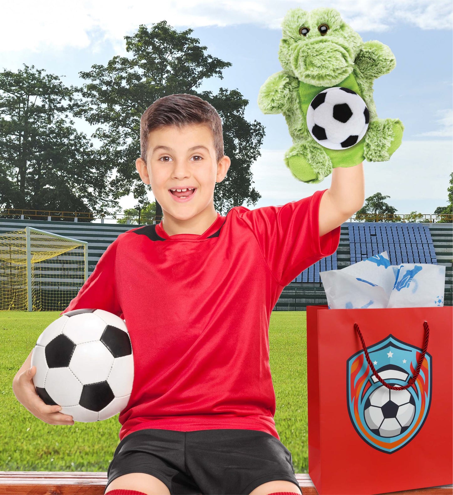 SUPER SOFT PLUSH HAND PUPPET - ALLIGATOR WITH SOCCER PLUSH