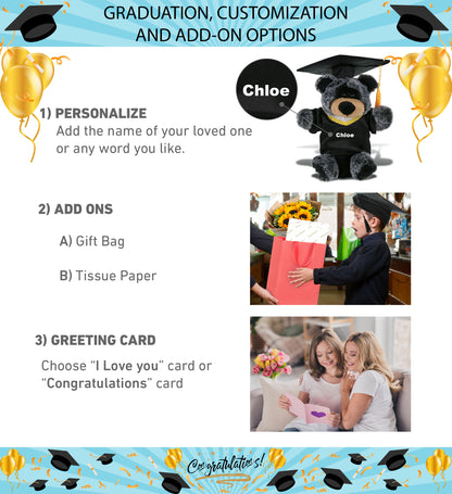 DolliBu Black Bear Graduation Plush Toy with Gown and Cap with Tassel - 9 Inch