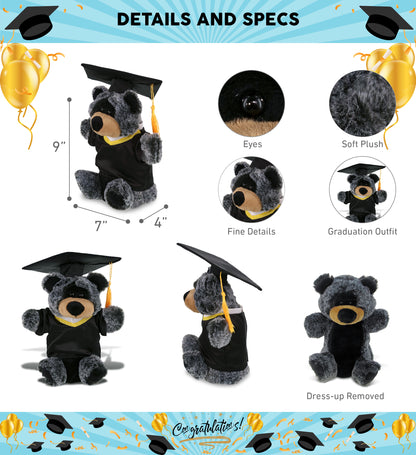 DolliBu Black Bear Graduation Plush Toy with Gown and Cap with Tassel - 9 Inch