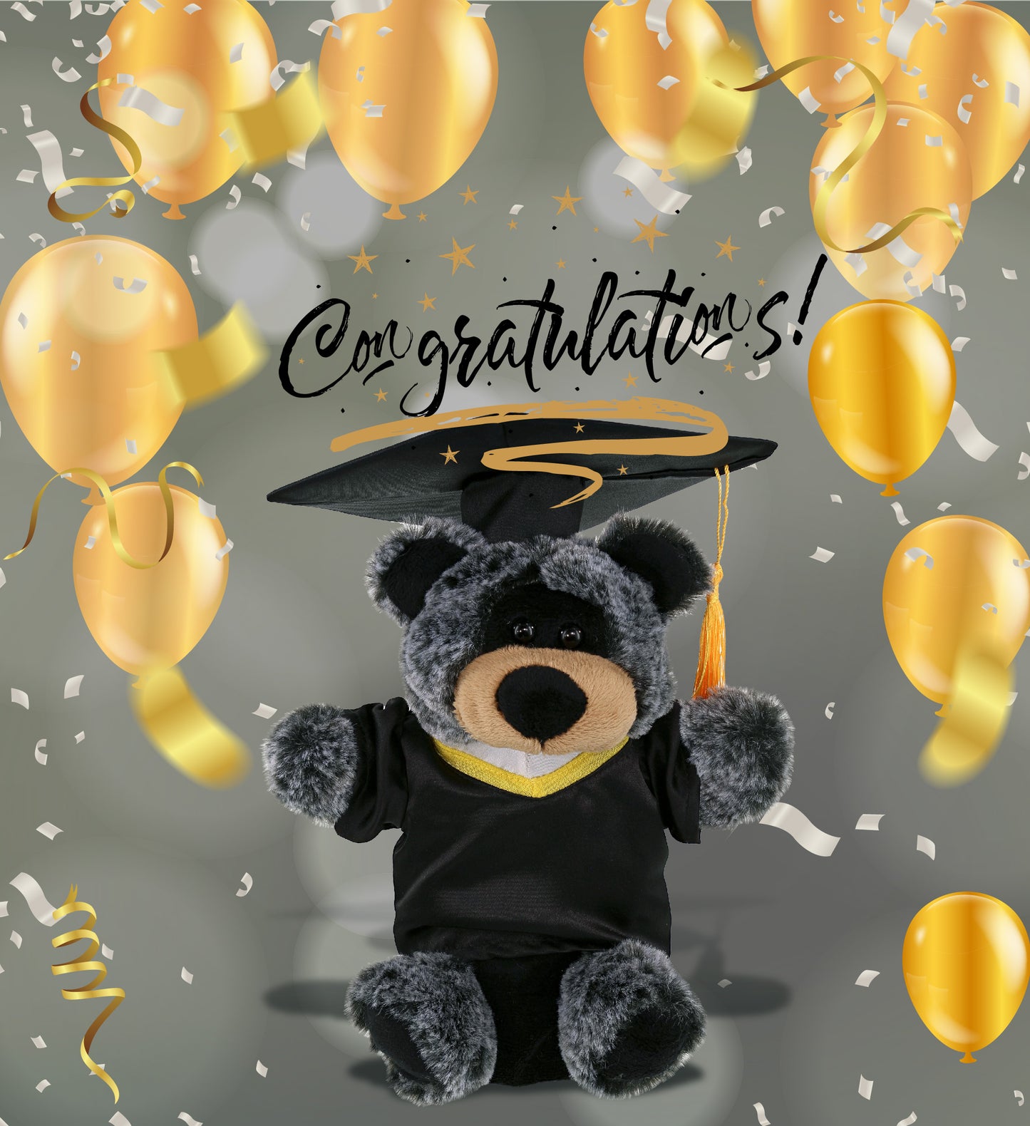 DolliBu Black Bear Graduation Plush Toy with Gown and Cap with Tassel - 9 Inch