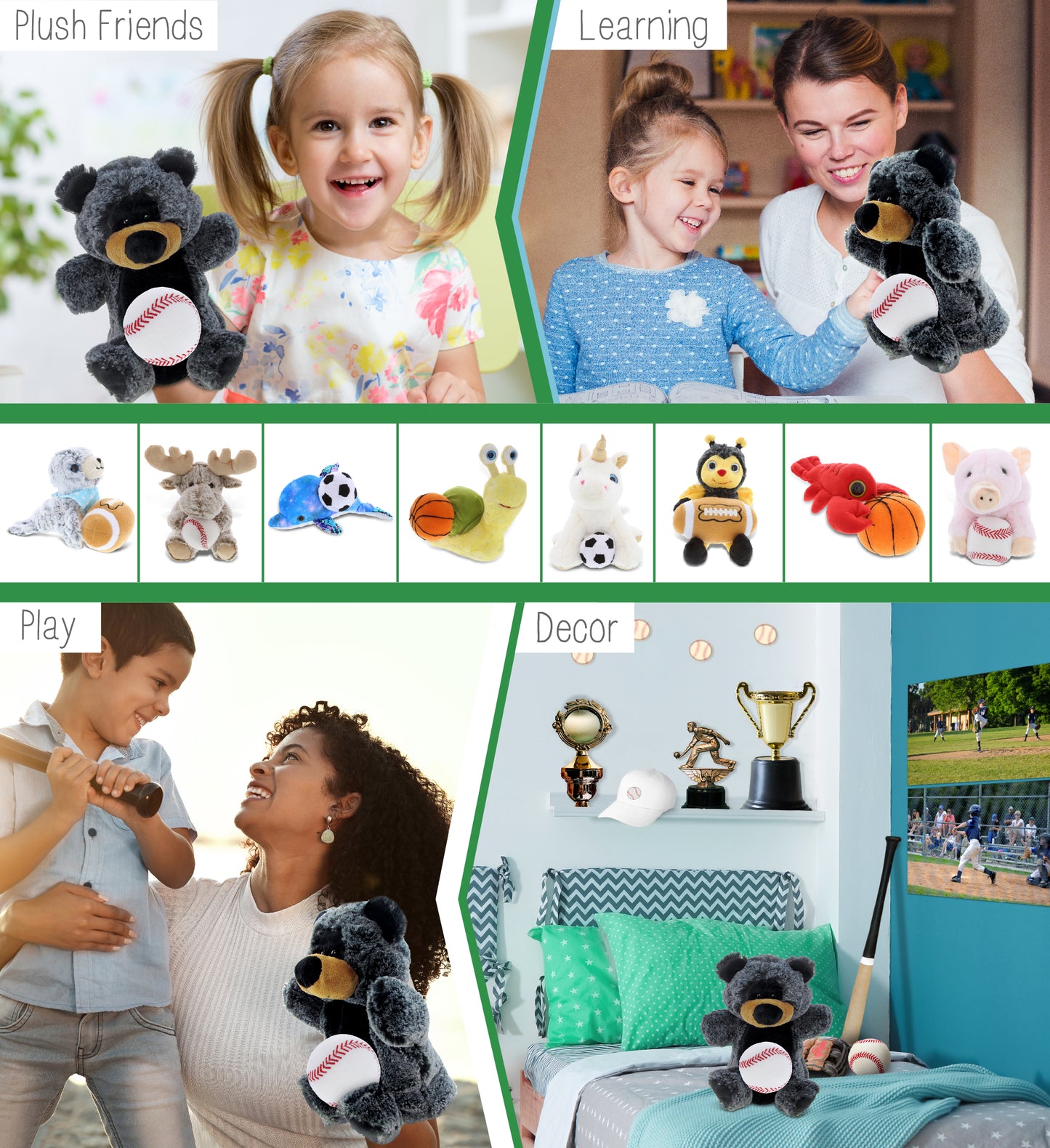 SUPER SOFT PLUSH HAND PUPPET - BLACK BEAR WITH BASEBALL PLUSH