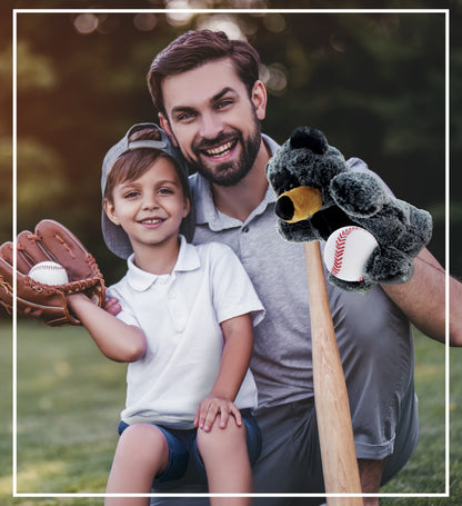 SUPER SOFT PLUSH HAND PUPPET - BLACK BEAR WITH BASEBALL PLUSH