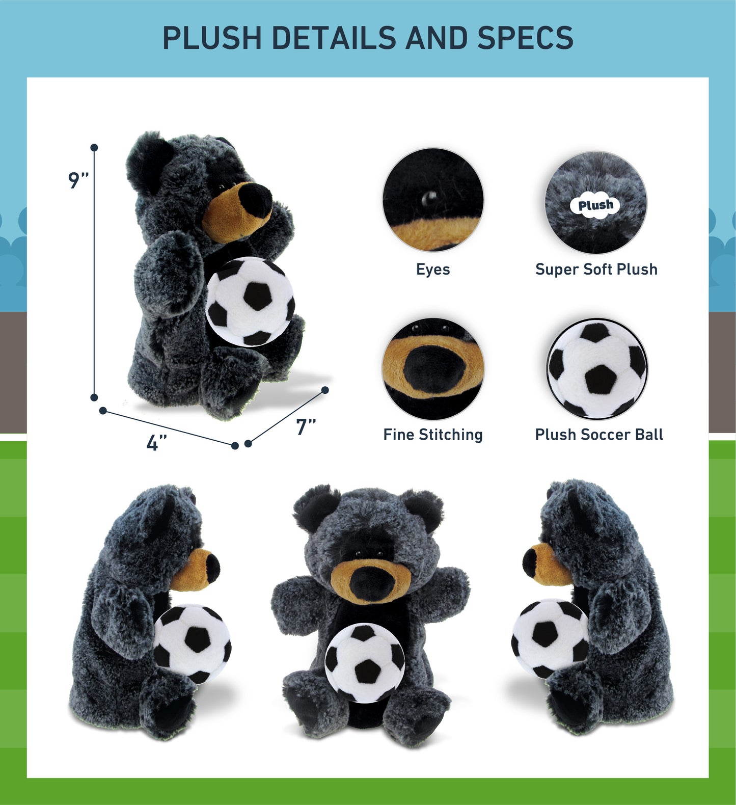 SUPER SOFT PLUSH HAND PUPPET - BLACK BEAR WITH SOCCER PLUSH