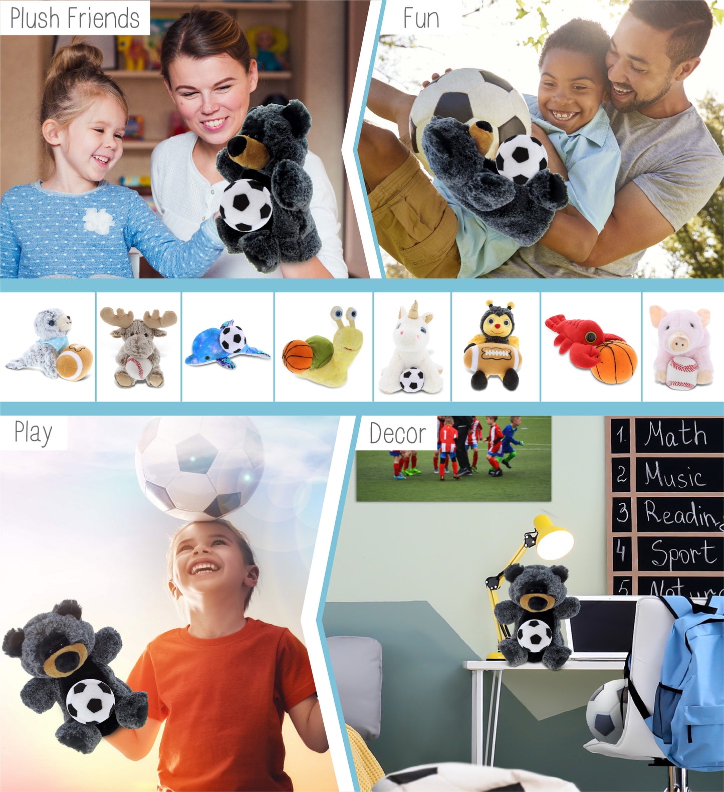 SUPER SOFT PLUSH HAND PUPPET - BLACK BEAR WITH SOCCER PLUSH