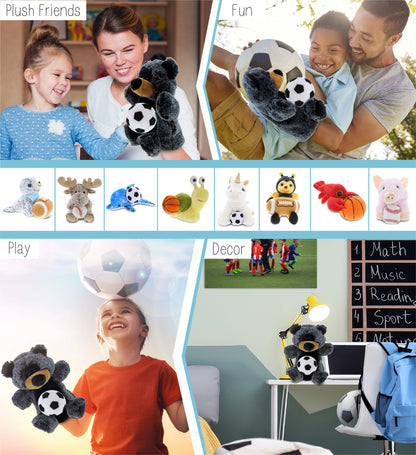 SUPER SOFT PLUSH HAND PUPPET - BLACK BEAR WITH SOCCER PLUSH