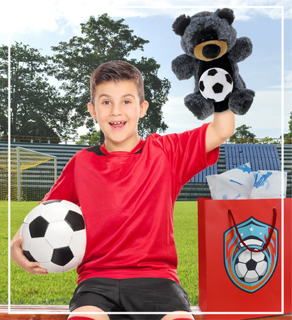 SUPER SOFT PLUSH HAND PUPPET - BLACK BEAR WITH SOCCER PLUSH