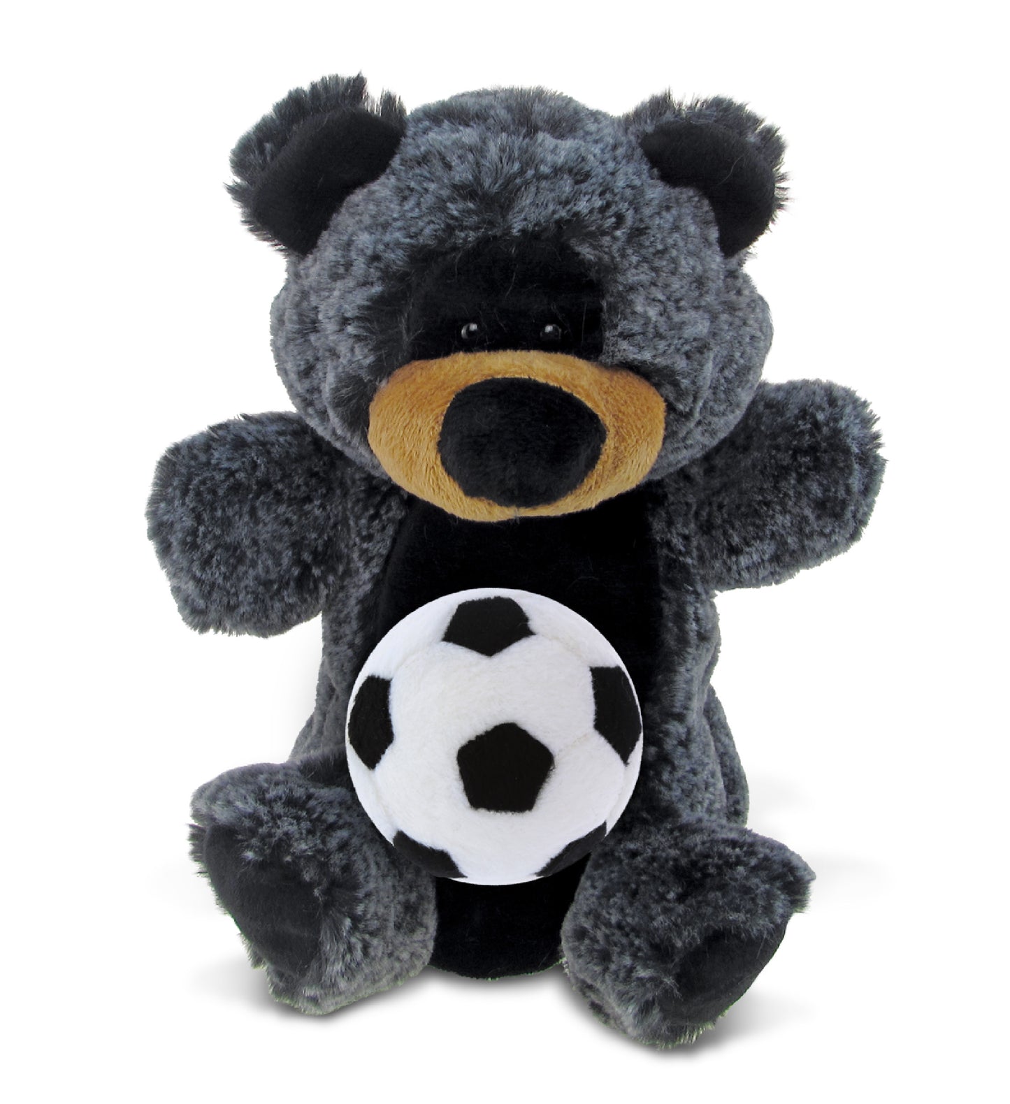 SUPER SOFT PLUSH HAND PUPPET - BLACK BEAR WITH SOCCER PLUSH