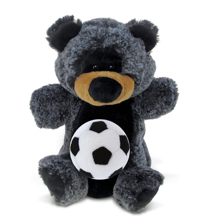 SUPER SOFT PLUSH HAND PUPPET - BLACK BEAR WITH SOCCER PLUSH